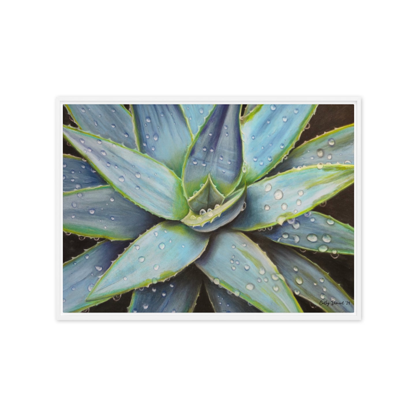 Framed Canvas Print - Desert Jewel , Vibrant Agave Plant with Dew Drops, Wall Art by Cathy Dement | 3 Frame Colors to Choose From