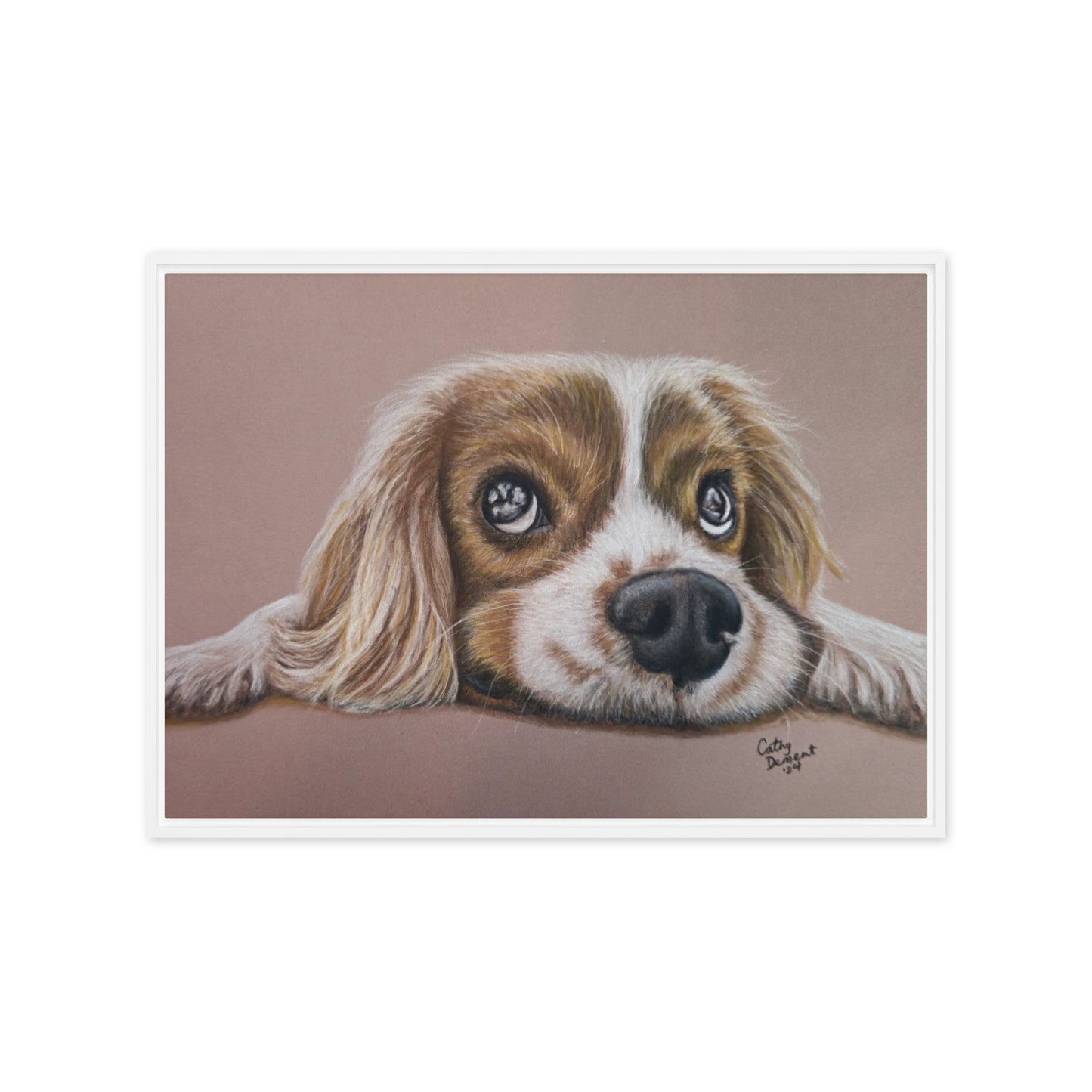 Framed Canvas Print - Cavalier Curiosity, King Charles Cavalier Spaniel Artwork, Cute Dog Wall Art by Cathy Dement, 3 Frame Colors