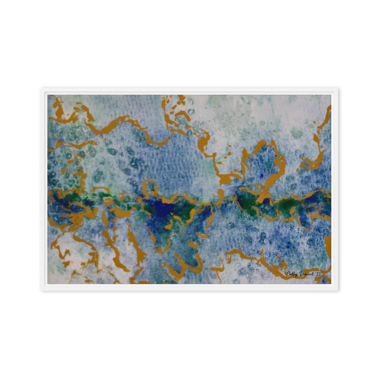 Framed Canvas Print - Celestial Dreamscape #2 - Abstract Watercolor, Blue, Green, and Gold Print, Wall Art