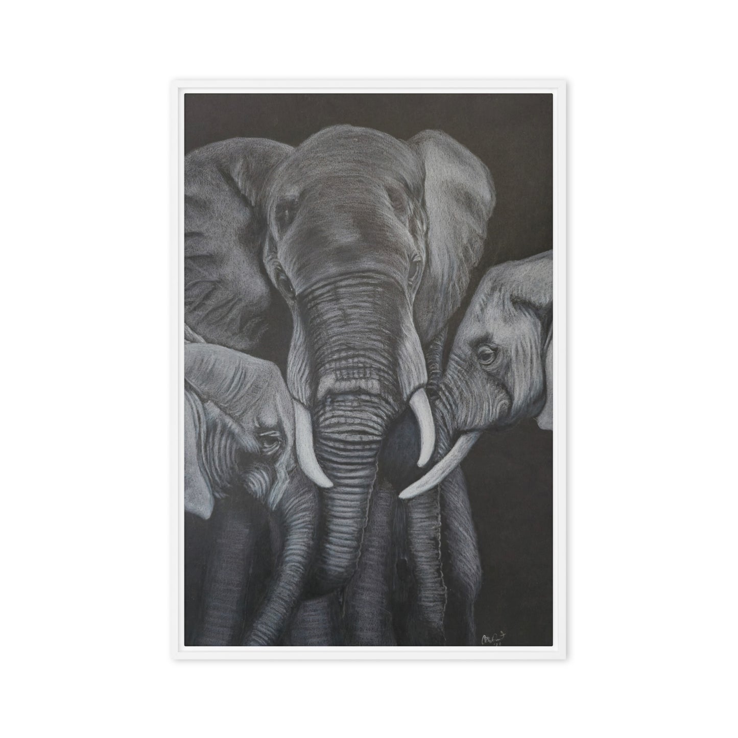 Framed Canvas Print - Strength in Numbers - Monochrome Elephant Family Artwork, Wall Art by Cathy Dement