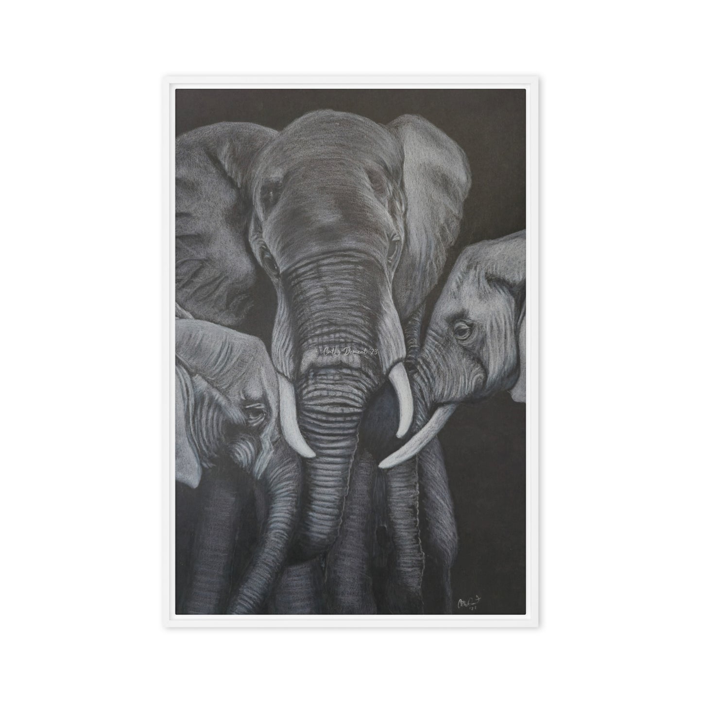 Framed Canvas Print - Strength in Numbers - Monochrome Elephant Family Artwork, Wall Art by Cathy Dement