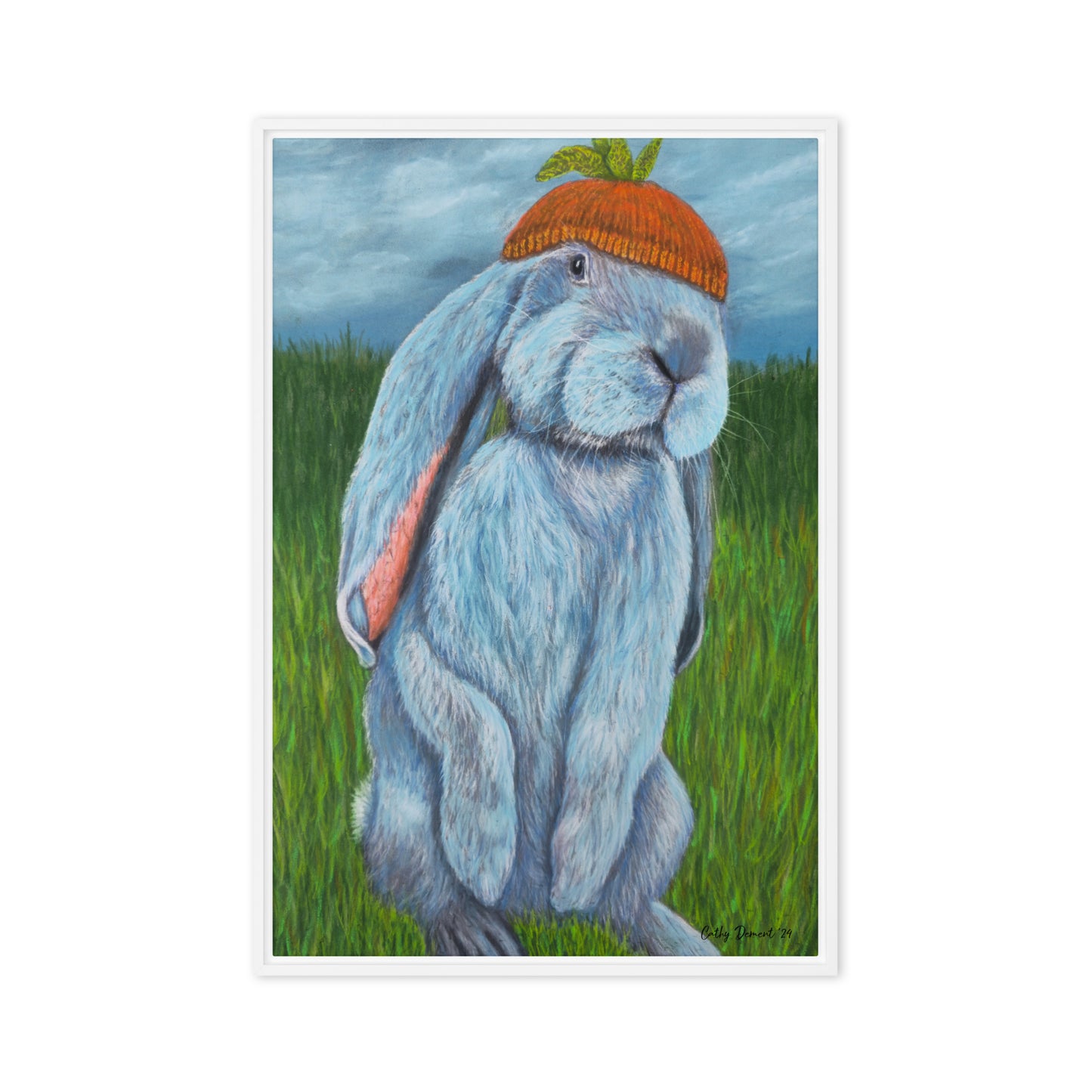 Framed Canvas Print - Carrot Couture, Whimsical Rabbit in Knit Carrot Cap, Wall Art by Cathy Dement