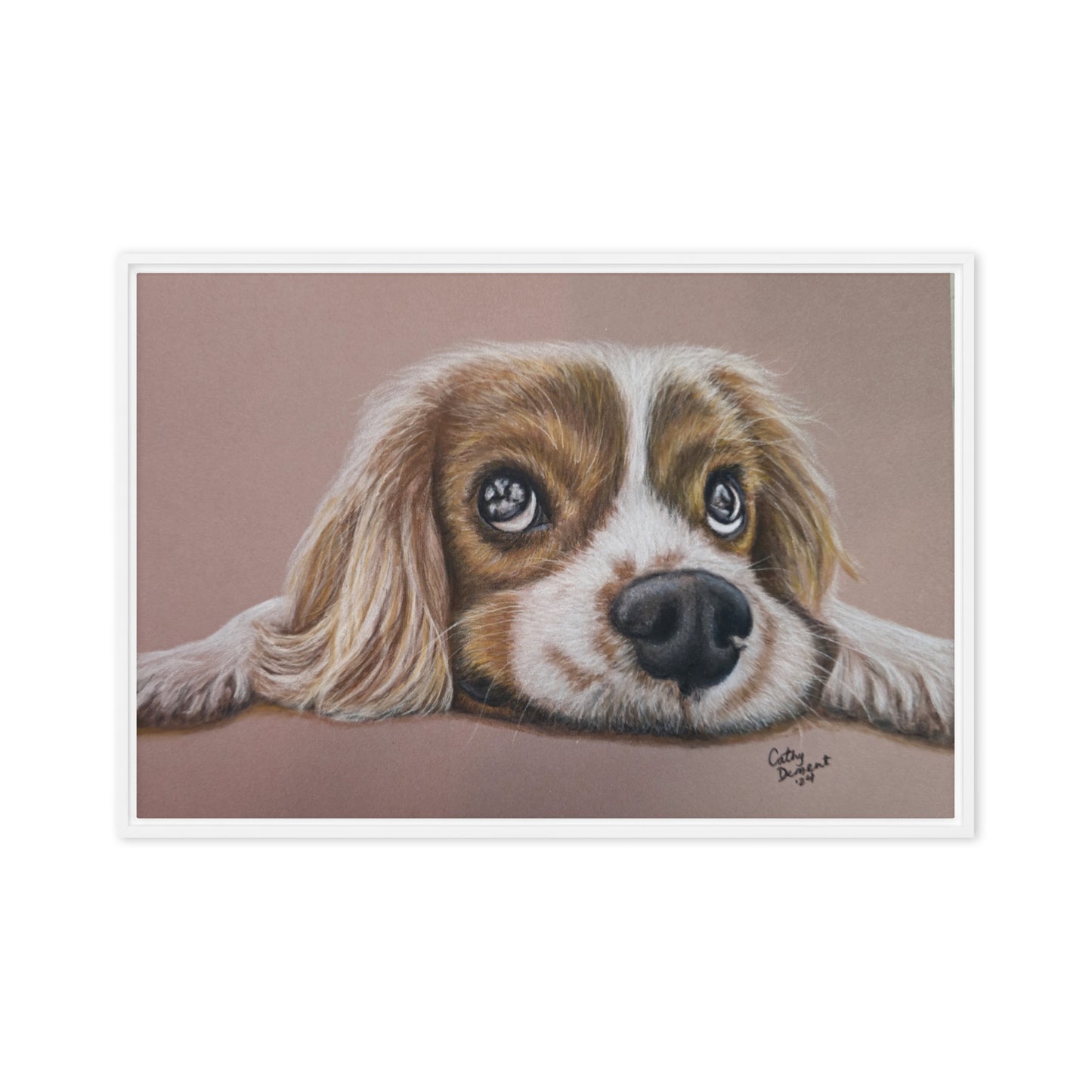 Framed Canvas Print - Cavalier Curiosity, King Charles Cavalier Spaniel Artwork, Cute Dog Wall Art by Cathy Dement, 3 Frame Colors