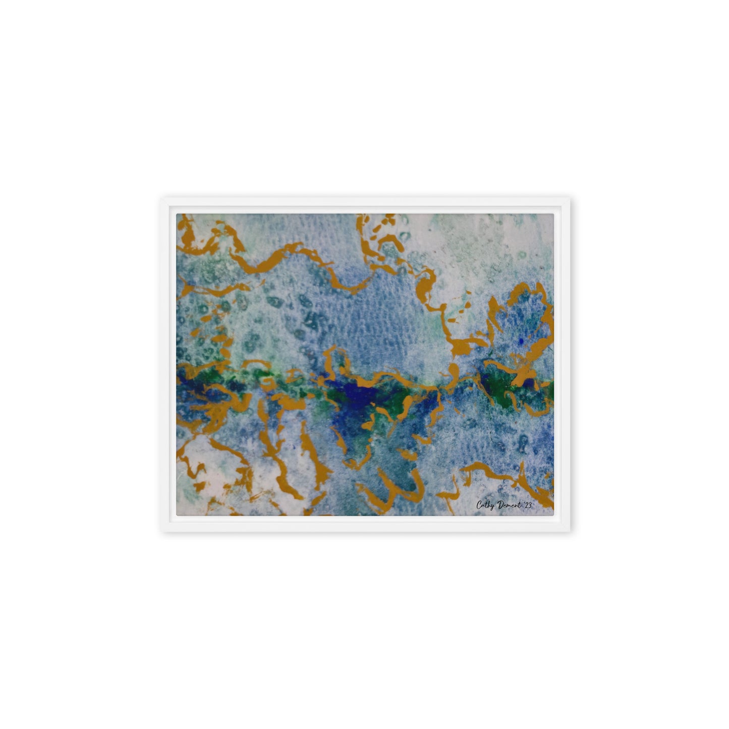 Framed Canvas Print - Celestial Dreamscape #2 - Abstract Watercolor, Blue, Green, and Gold Print, Wall Art