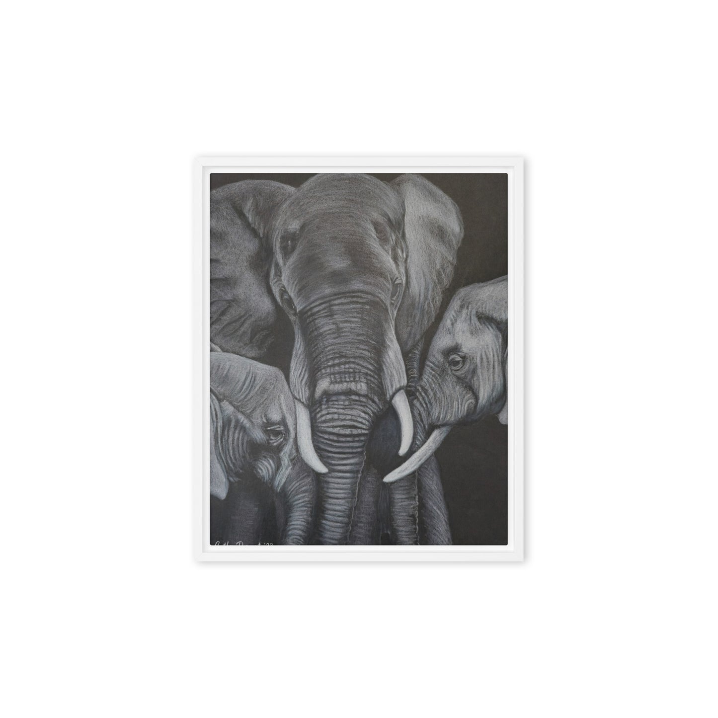 Framed Canvas Print - Strength in Numbers - Monochrome Elephant Family Artwork, Wall Art by Cathy Dement