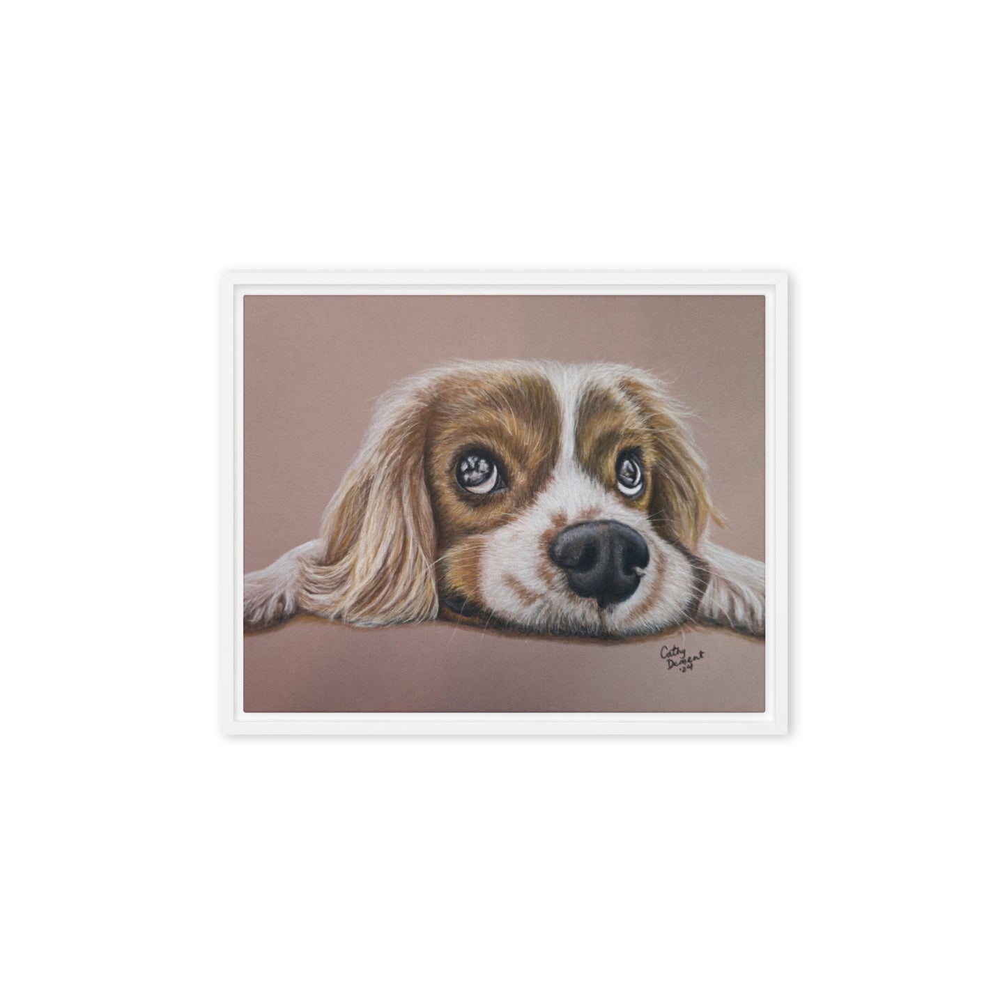 Framed Canvas Print - Cavalier Curiosity, King Charles Cavalier Spaniel Artwork, Cute Dog Wall Art by Cathy Dement, 3 Frame Colors