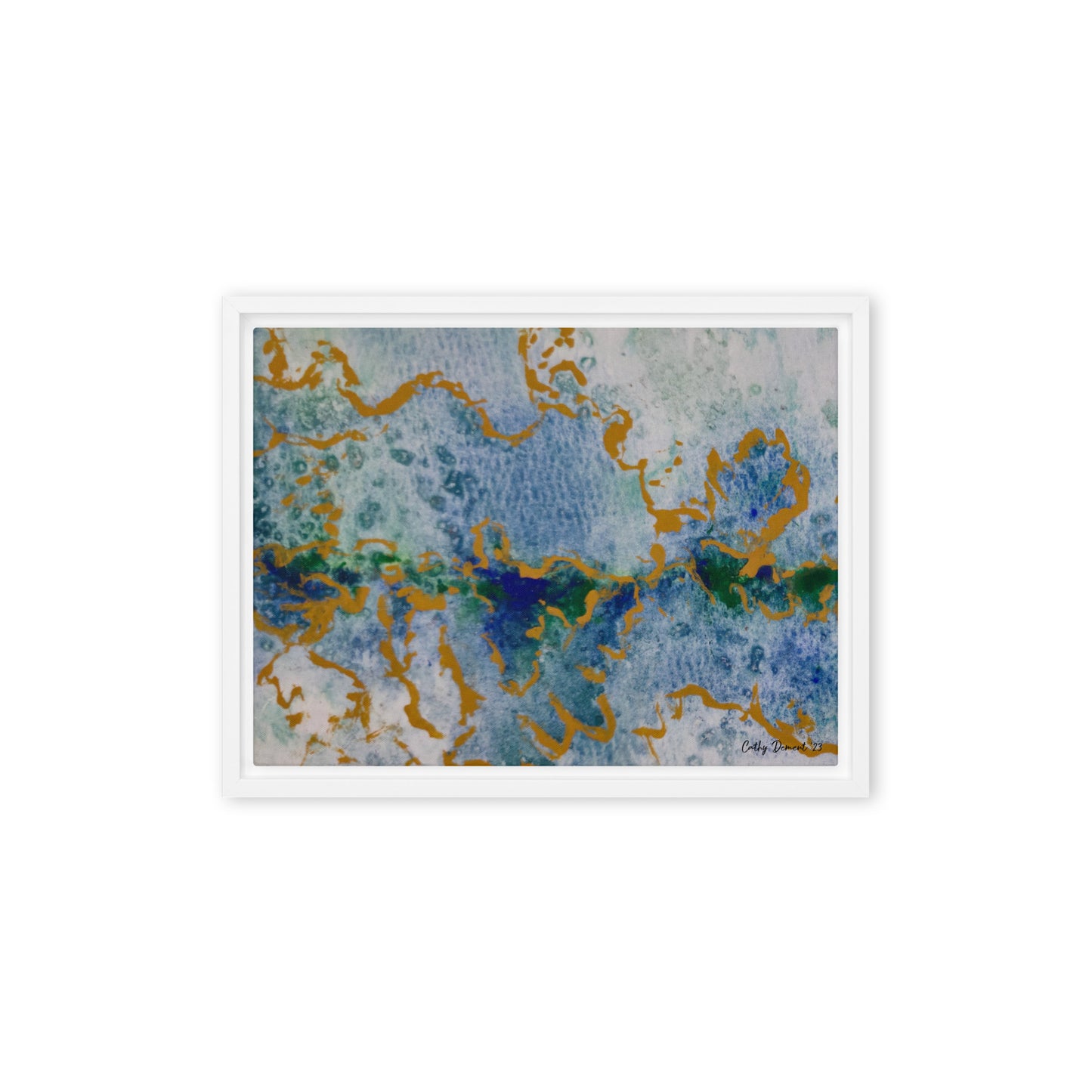 Framed Canvas Print - Celestial Dreamscape #2 - Abstract Watercolor, Blue, Green, and Gold Print, Wall Art