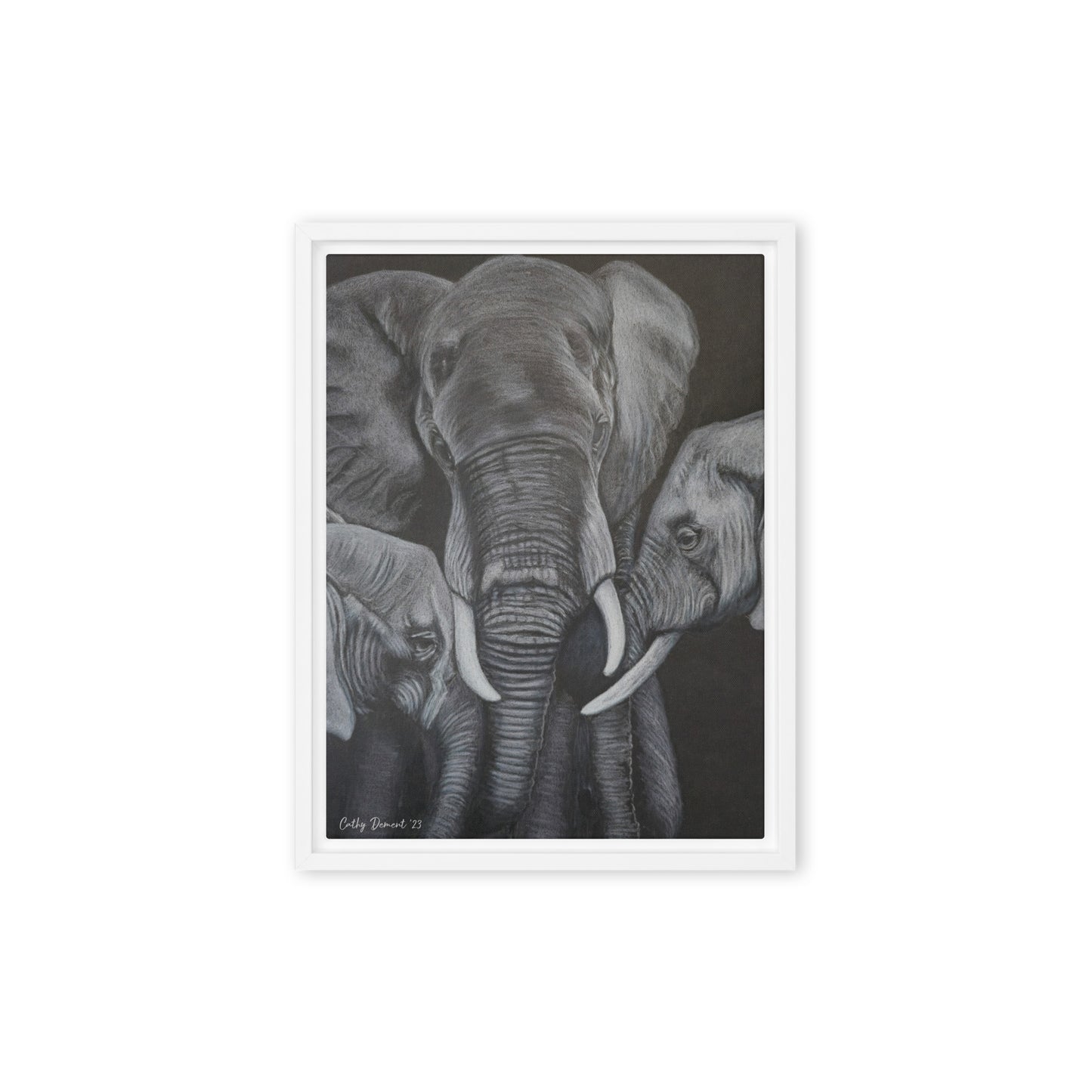 Framed Canvas Print - Strength in Numbers - Monochrome Elephant Family Artwork, Wall Art by Cathy Dement