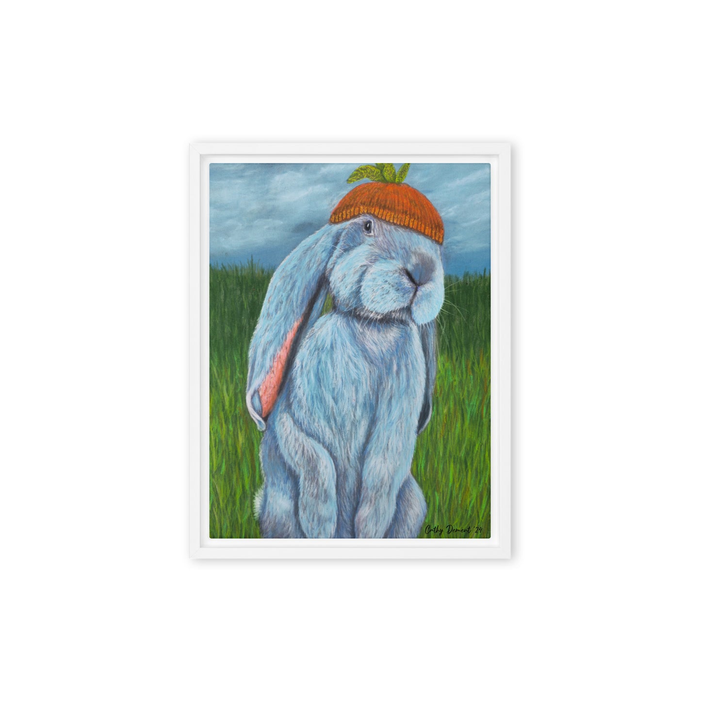 Framed Canvas Print - Carrot Couture, Whimsical Rabbit in Knit Carrot Cap, Wall Art by Cathy Dement