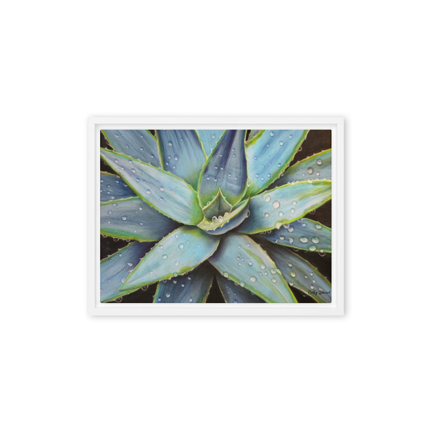 Framed Canvas Print - Desert Jewel , Vibrant Agave Plant with Dew Drops, Wall Art by Cathy Dement | 3 Frame Colors to Choose From