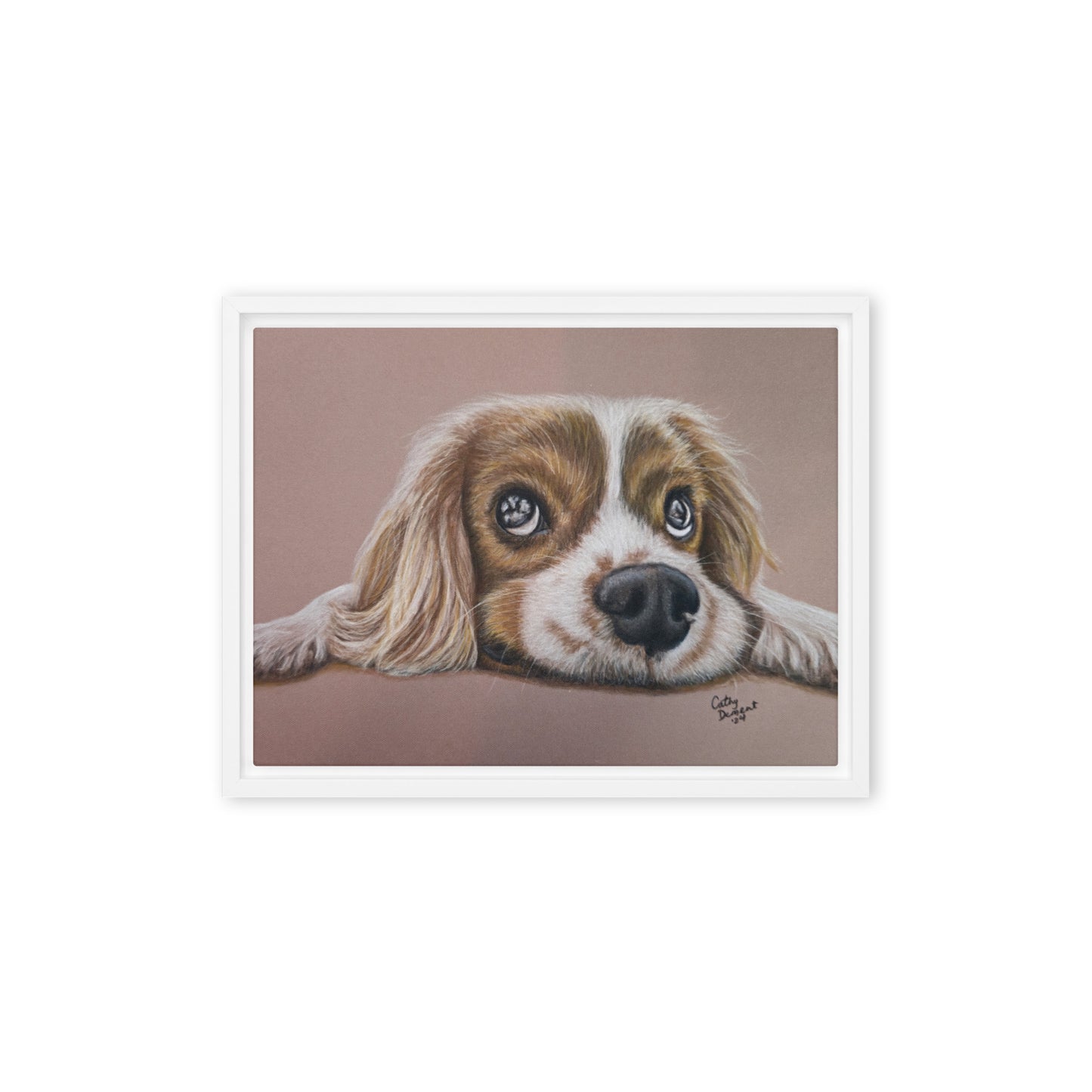 Framed Canvas Print - Cavalier Curiosity, King Charles Cavalier Spaniel Artwork, Cute Dog Wall Art by Cathy Dement, 3 Frame Colors