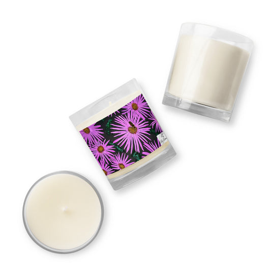 Purple Flower and Bee Pillow: Floral Print on Black Background Soy Wax Candle in Glass Jar