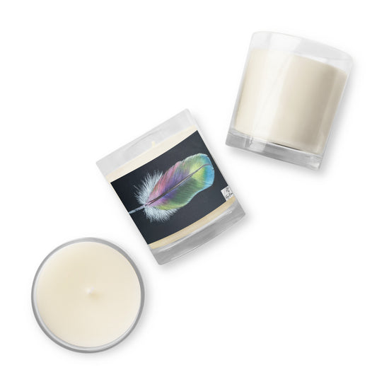 Prismacolor Plume: soy wax candle With Colorful Feather Design on Glass jar