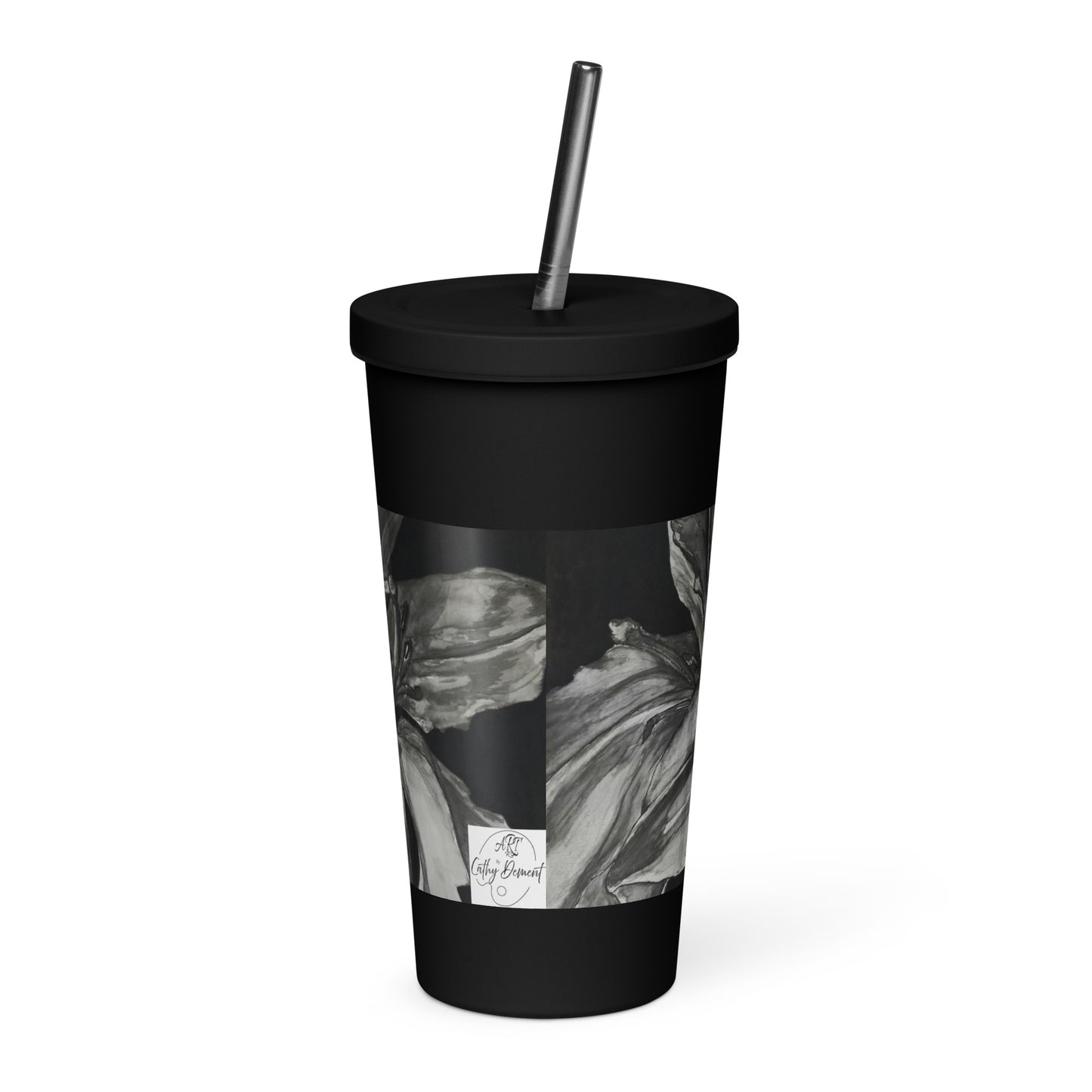 Floral Elegance: Lillies On Black Background Artwork Insulated Tumbler With A Straw