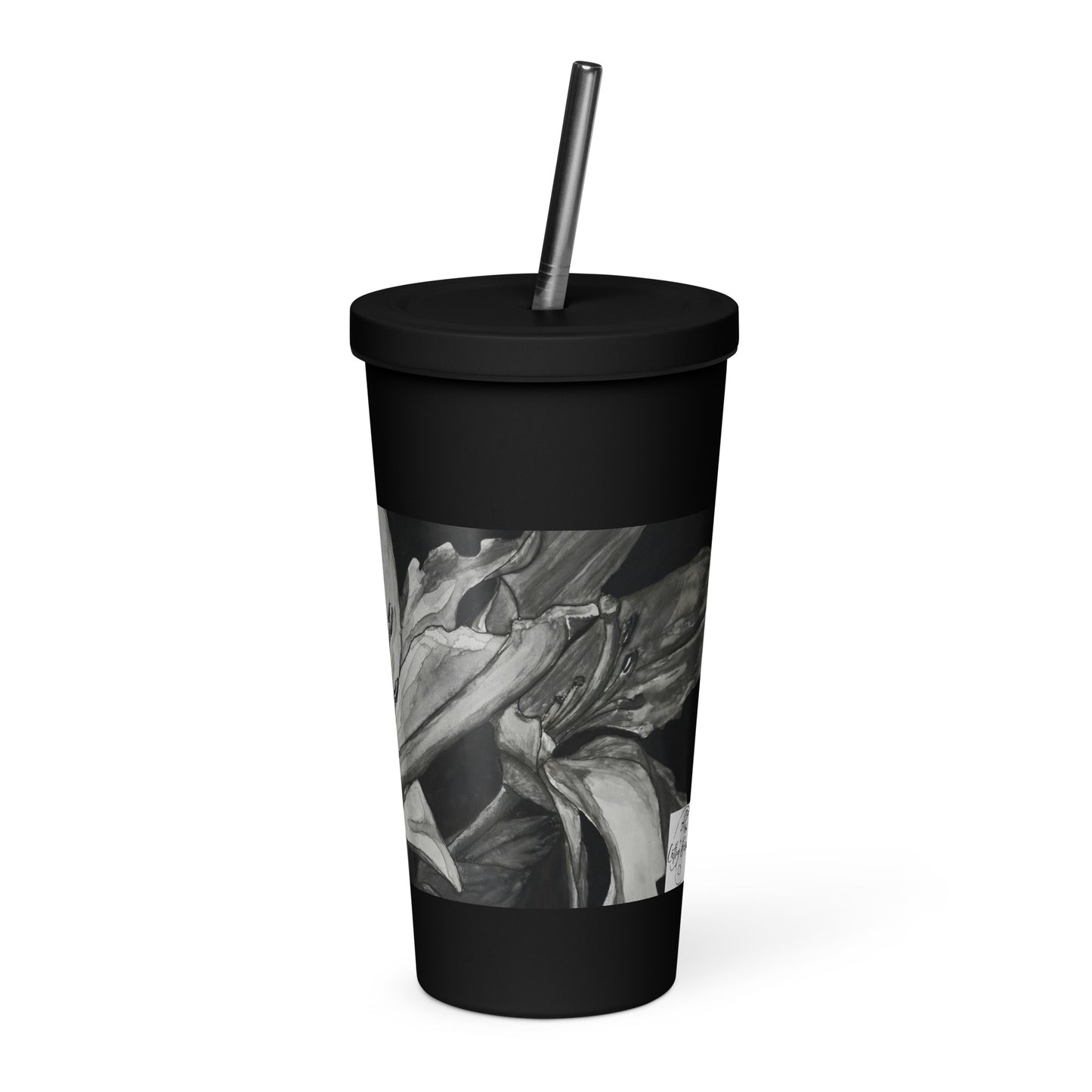 Floral Elegance: Lillies On Black Background Artwork Insulated Tumbler With A Straw