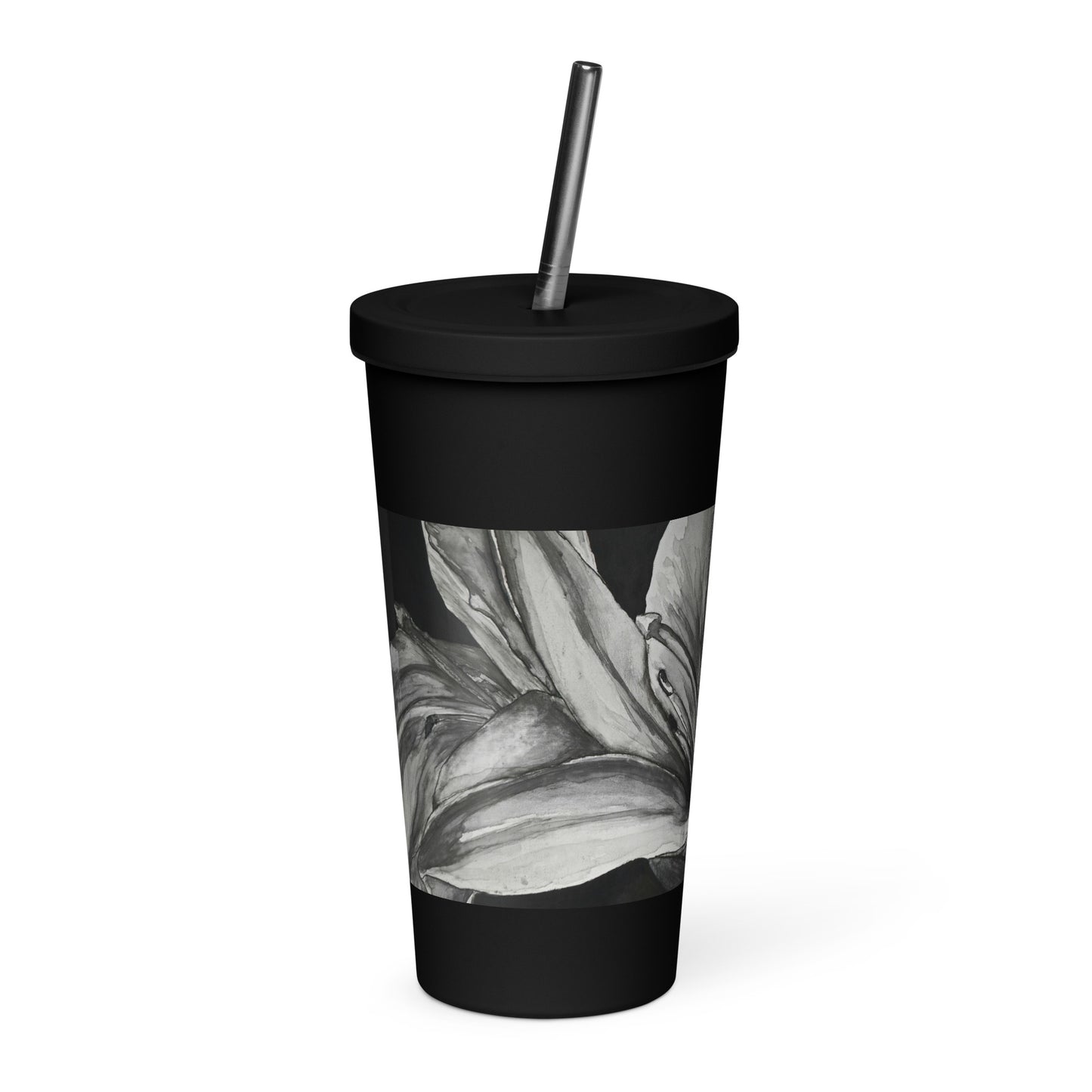 Floral Elegance: Lillies On Black Background Artwork Insulated Tumbler With A Straw