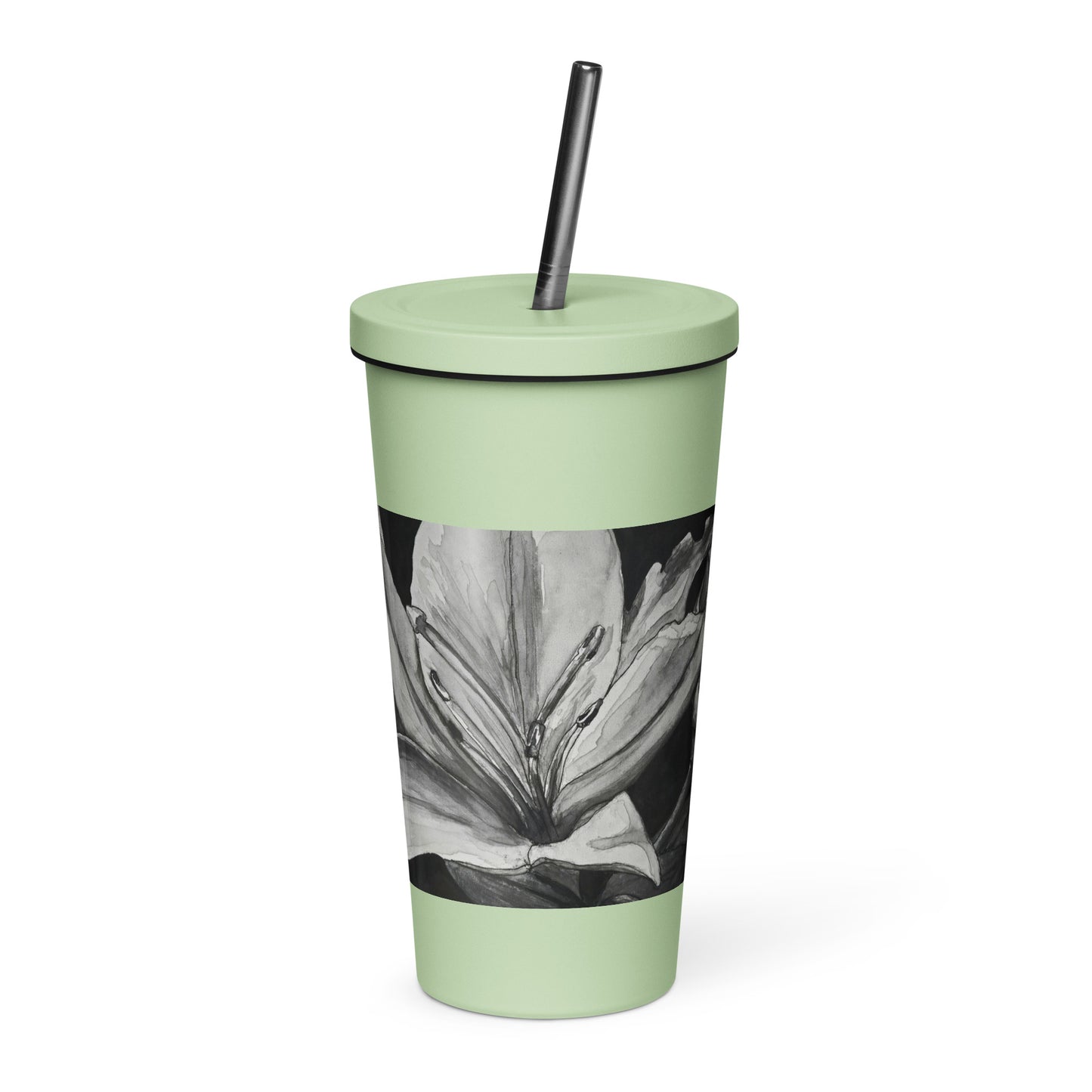 Floral Elegance: Lillies On Black Background Artwork Insulated Tumbler With A Straw