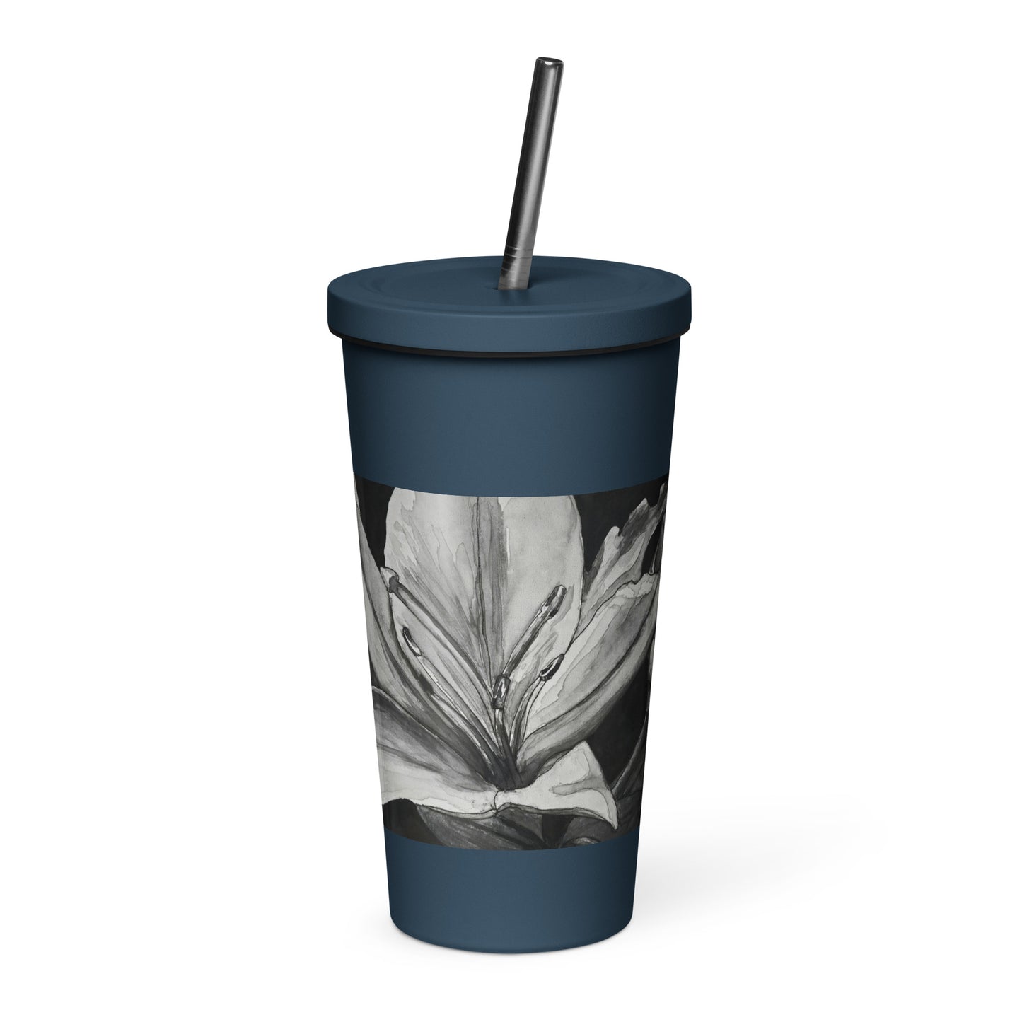 Floral Elegance: Lillies On Black Background Artwork Insulated Tumbler With A Straw