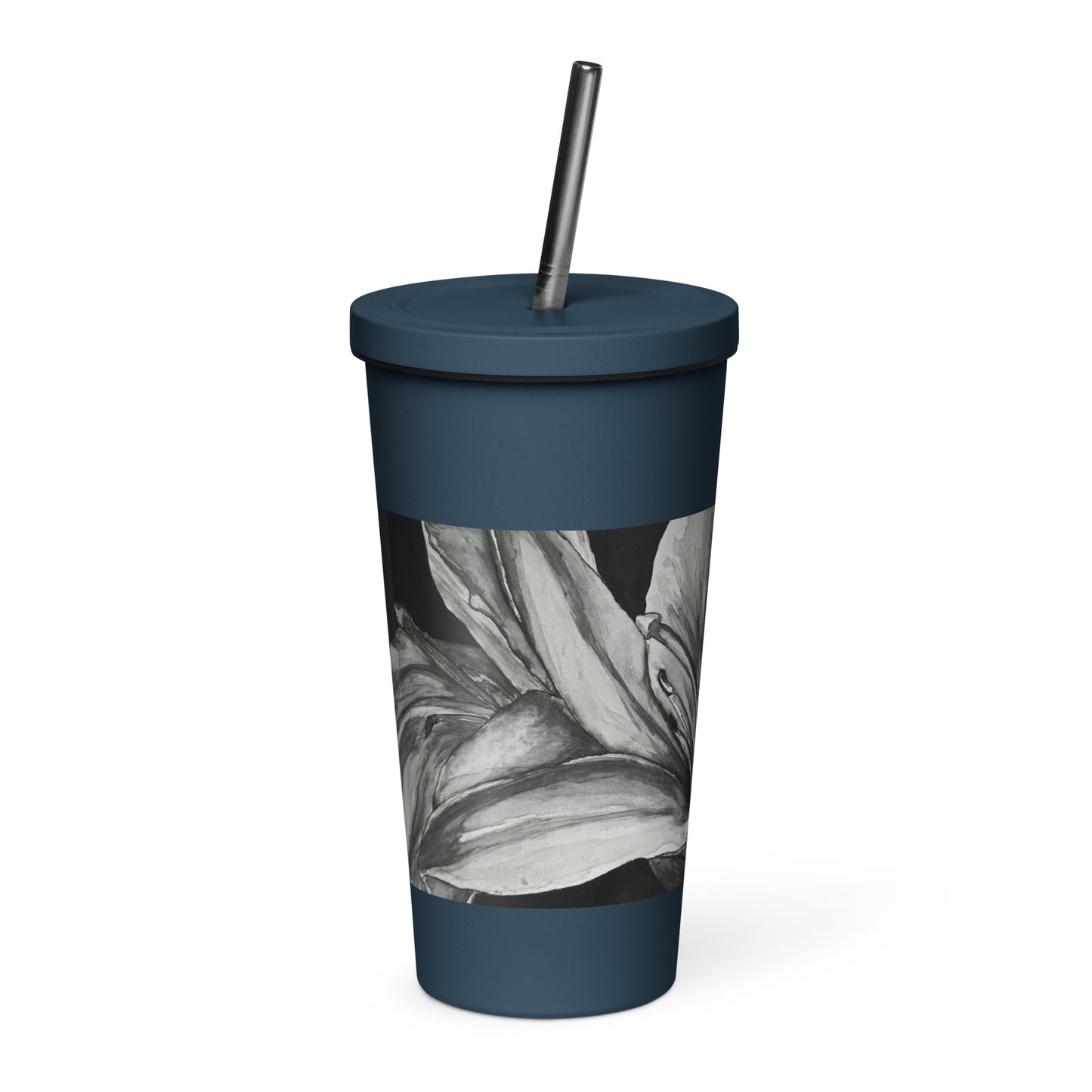 Floral Elegance: Lillies On Black Background Artwork Insulated Tumbler With A Straw