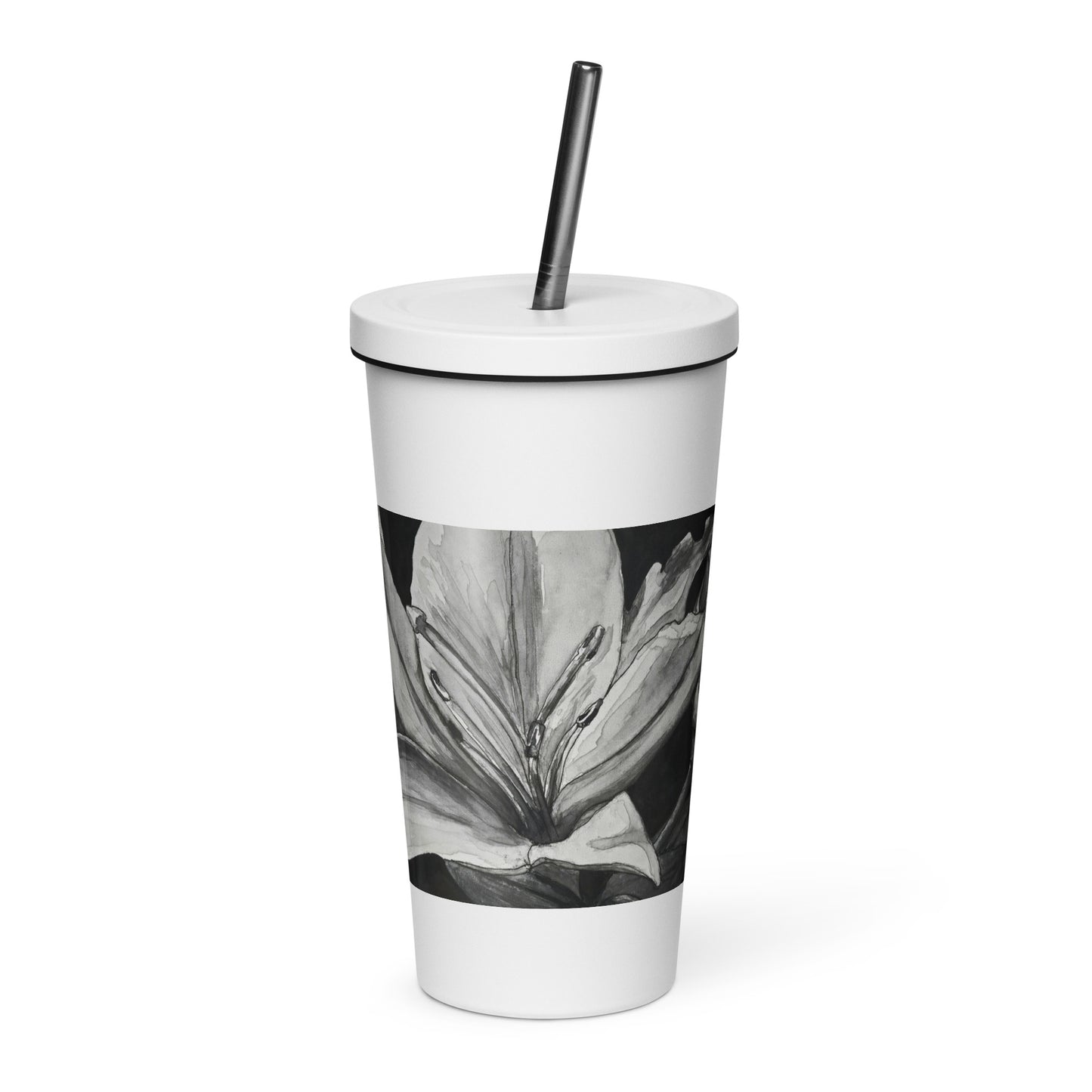 Floral Elegance: Lillies On Black Background Artwork Insulated Tumbler With A Straw