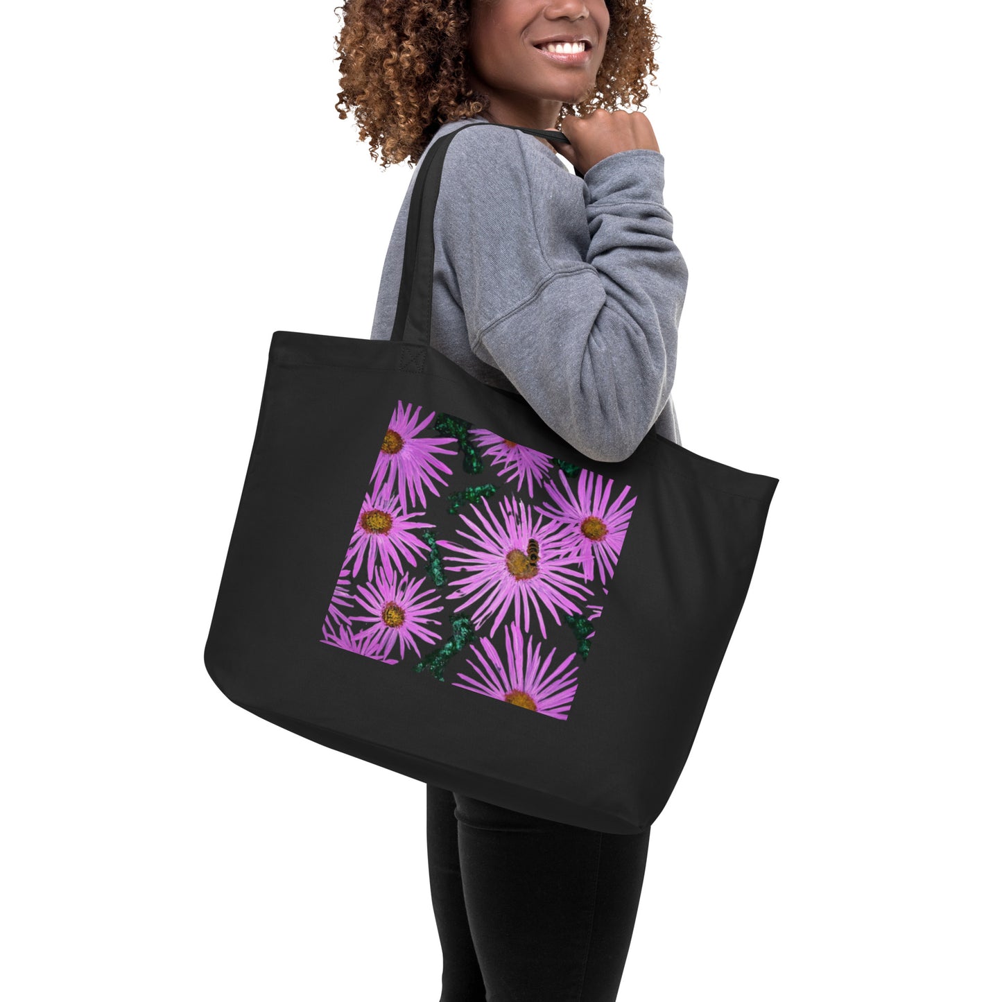 Large Organic Tote Bag - Purple Aster Flowers with Bee - Colorful Floral Artwork Design