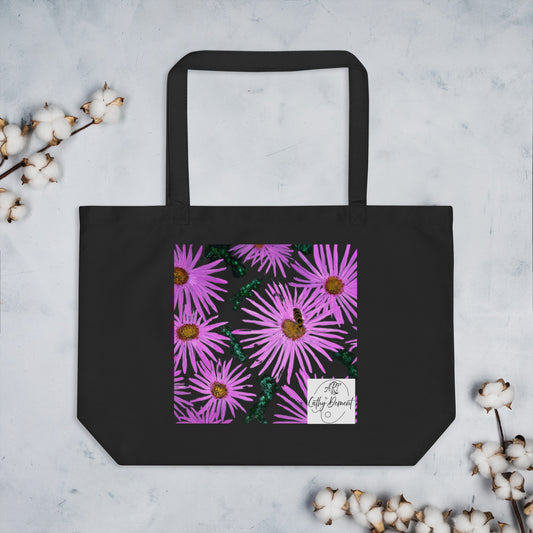 Purple Flower and Bee Large Organic Tote Bag: Floral Print on Black Background