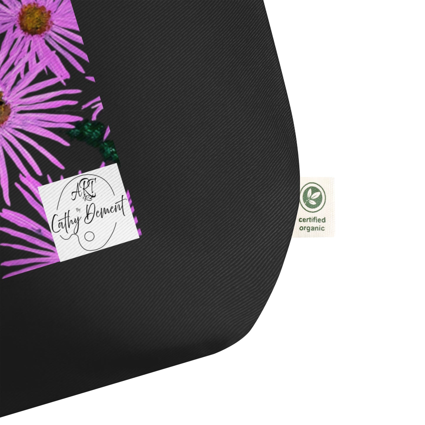 Large Organic Tote Bag - Purple Aster Flowers with Bee - Colorful Floral Artwork Design