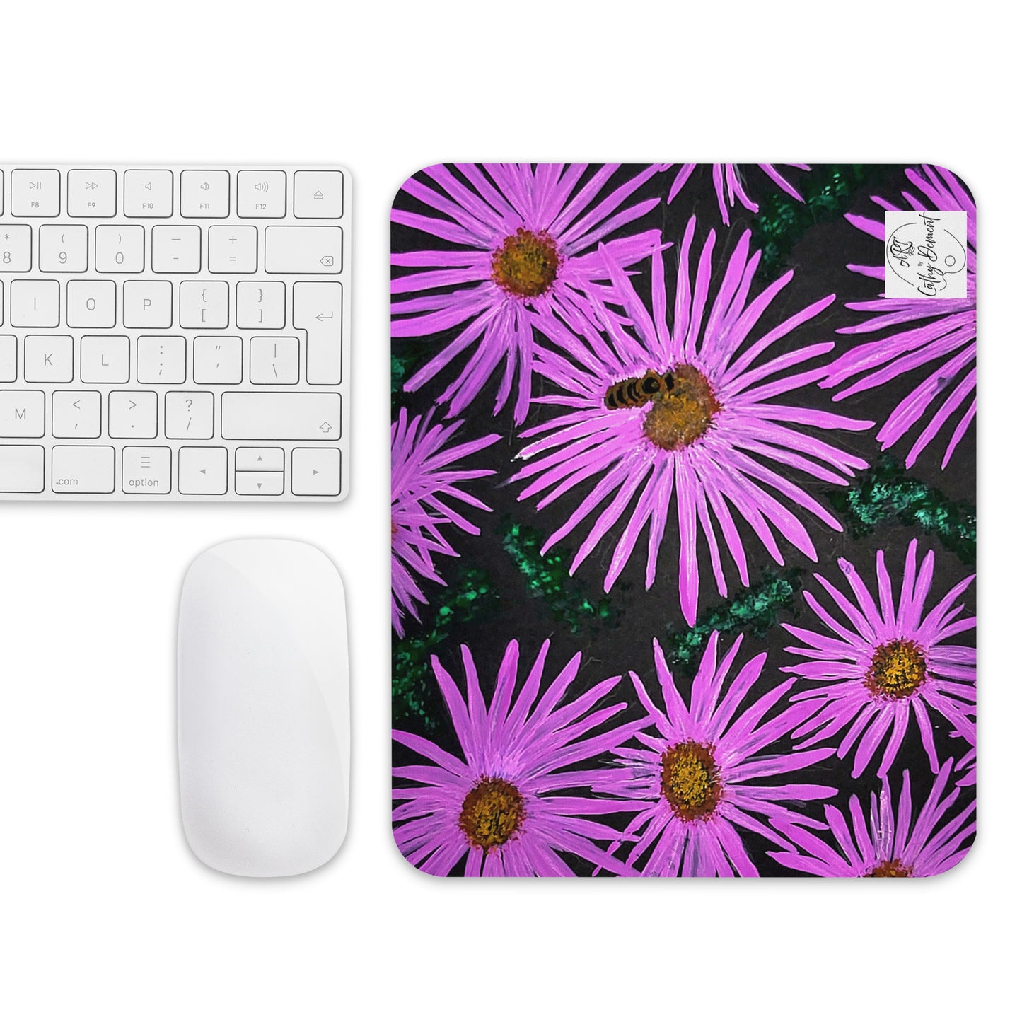 Purple Flower and Bee Mouse Pad: Floral Print on Black Background