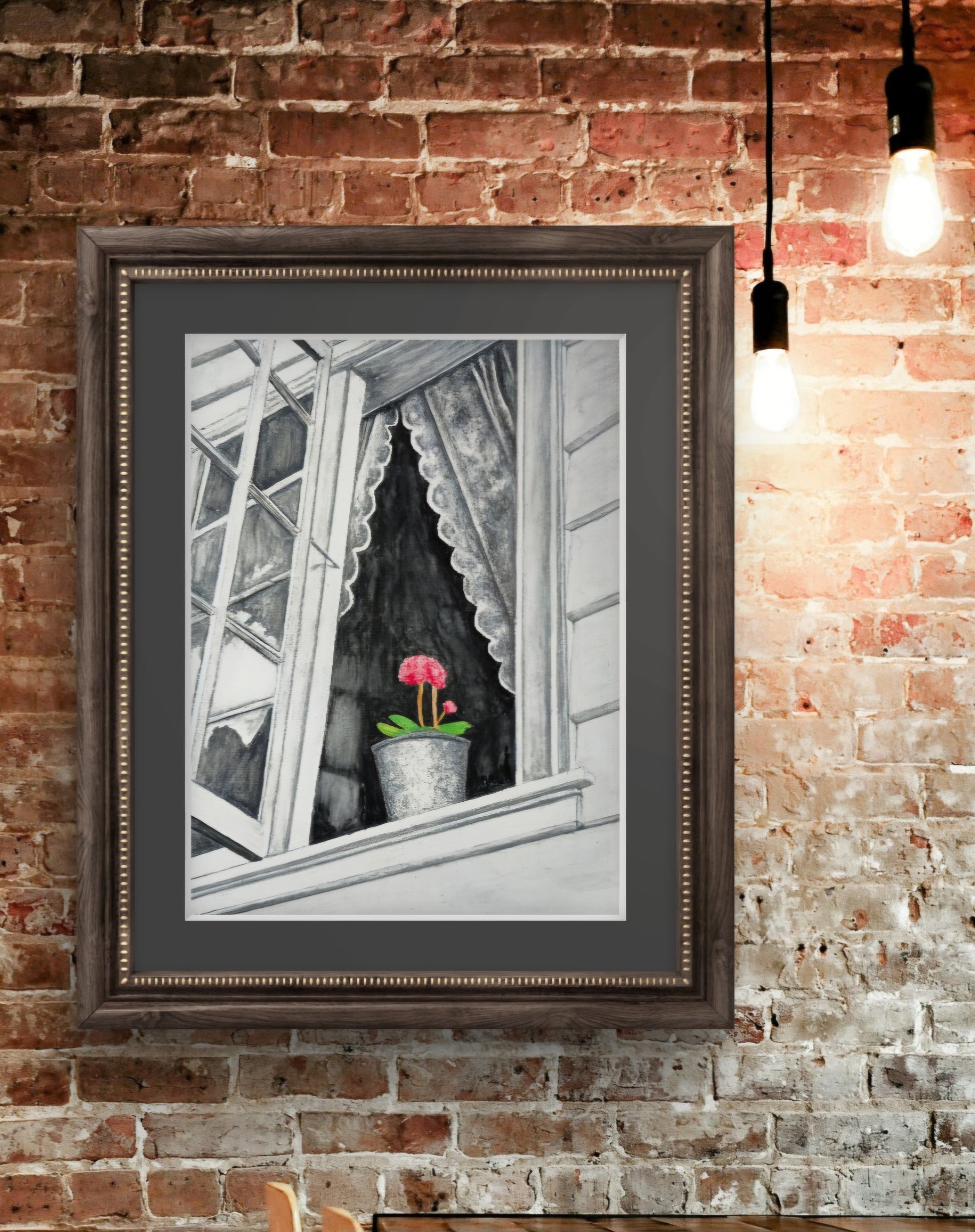 Stavanger Bloom: Norway Monochrome Window Portrait With Pink Flower Artwork Giclée Print Details: