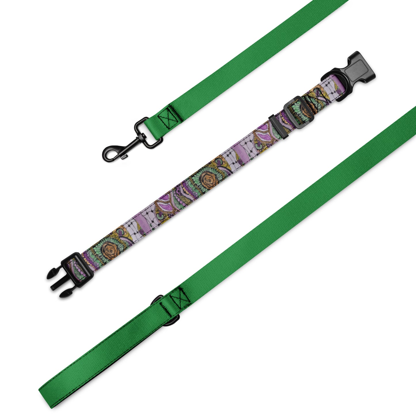 Pet Collar and Leash Set - Zen Floral Bliss - Colorful Zentangle Artwork Design