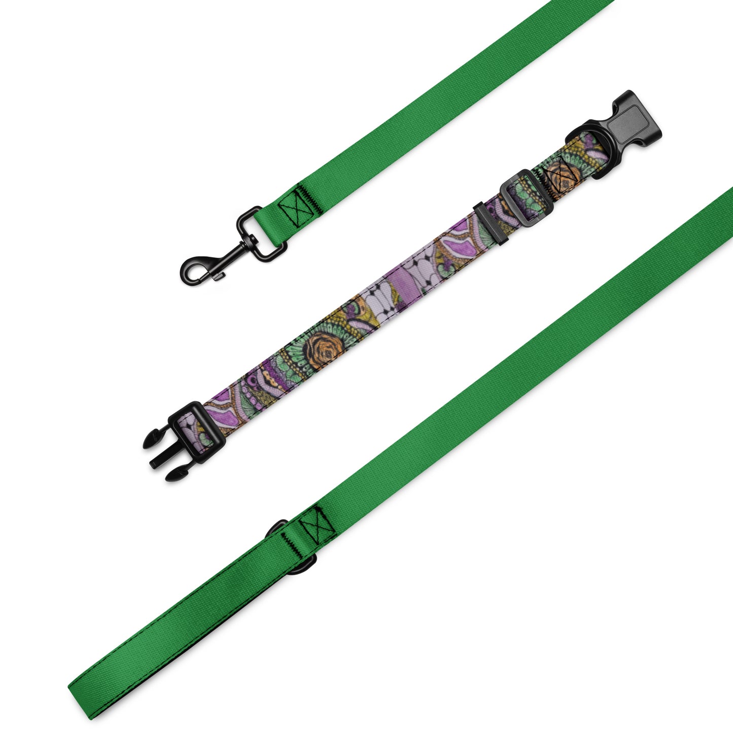 Pet Collar and Leash Set - Zen Floral Bliss - Colorful Zentangle Artwork Design