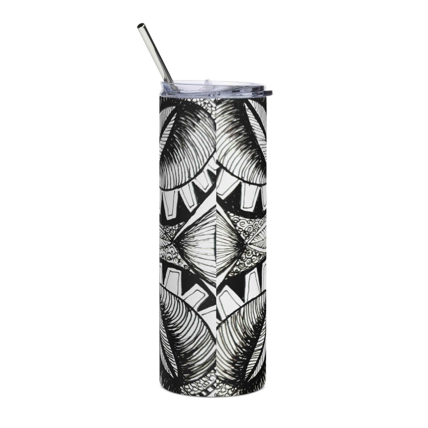 Stainless Steel Tumbler - Zen-dala, Monochrome Zentangle Floral Artwork, 20 Oz Cup with Straw and Lid