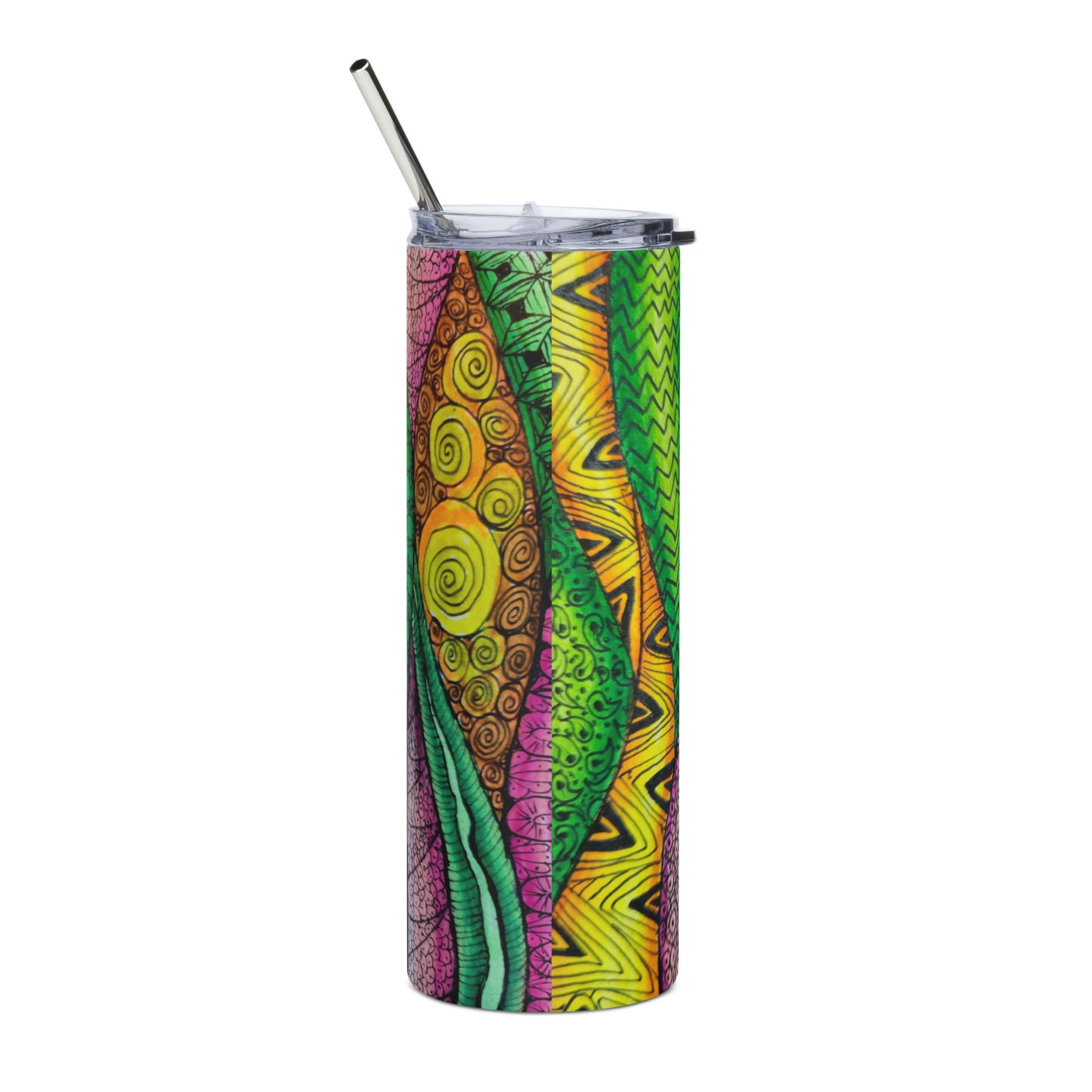 Stainless Steel Tumbler - Zen Bloom - Colorful Zentangle Artwork, 20 Oz Cup with Straw and Lid