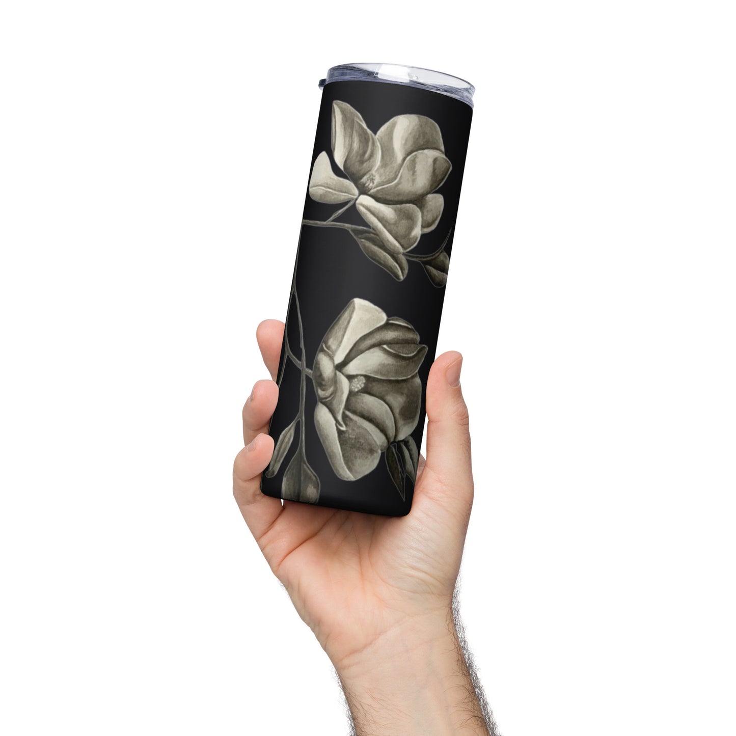 Stainless Steel Tumbler - Midnight Magnolias - Monochrome Floral Artwork Design