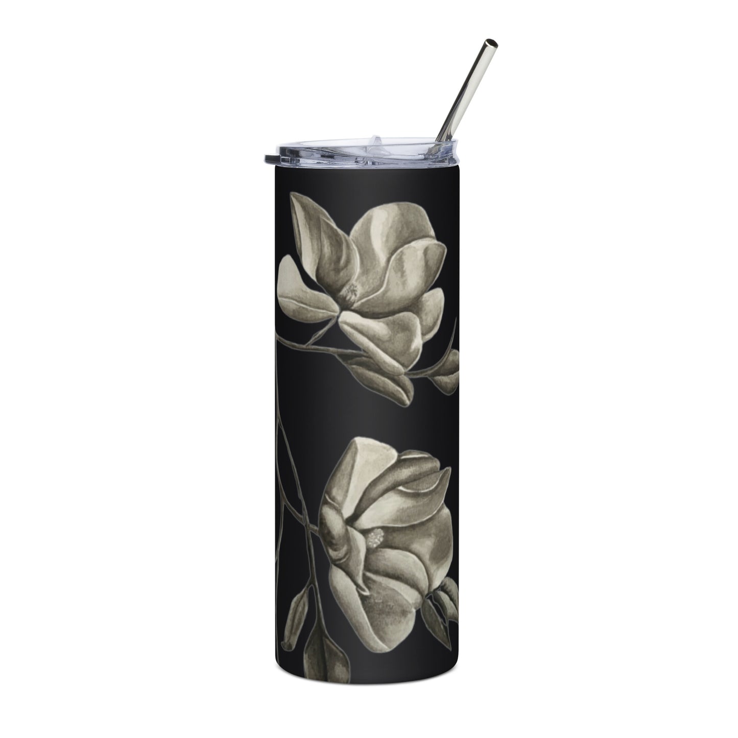 Stainless Steel Tumbler - Midnight Magnolias - Monochrome Floral Artwork Design