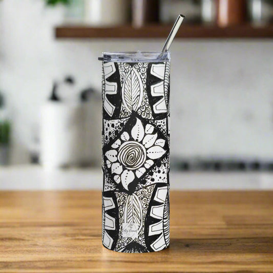 Stainless Steel Tumbler - Zen-dala, Monochrome Zentangle Floral Artwork, 20 Oz Cup with Straw and Lid