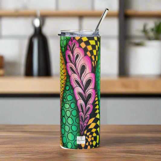 Stainless Steel Tumbler - Zen Bloom, Colorful Zentangle Artwork, 20 Oz Cup with Straw and Lid