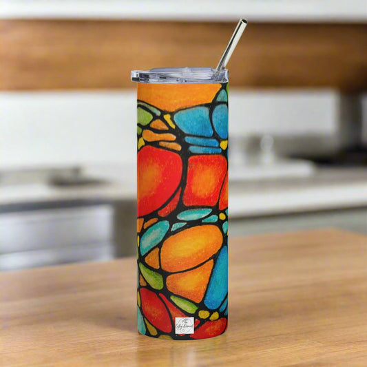 Stainless Steel Tumbler - Petals in Motion - Colorful Abstract Floral Artwork Design, 20 Oz Cup with Straw and Lid