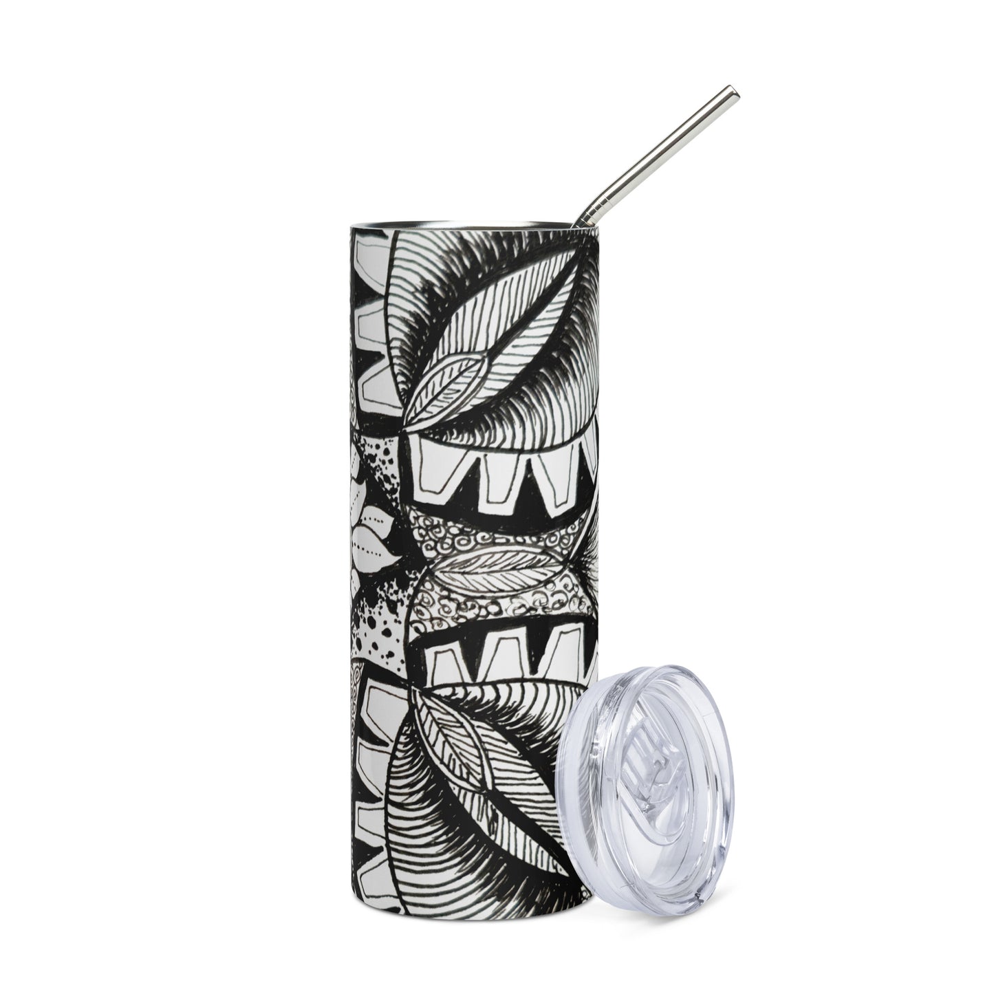 Stainless Steel Tumbler - Zen-dala, Monochrome Zentangle Floral Artwork, 20 Oz Cup with Straw and Lid