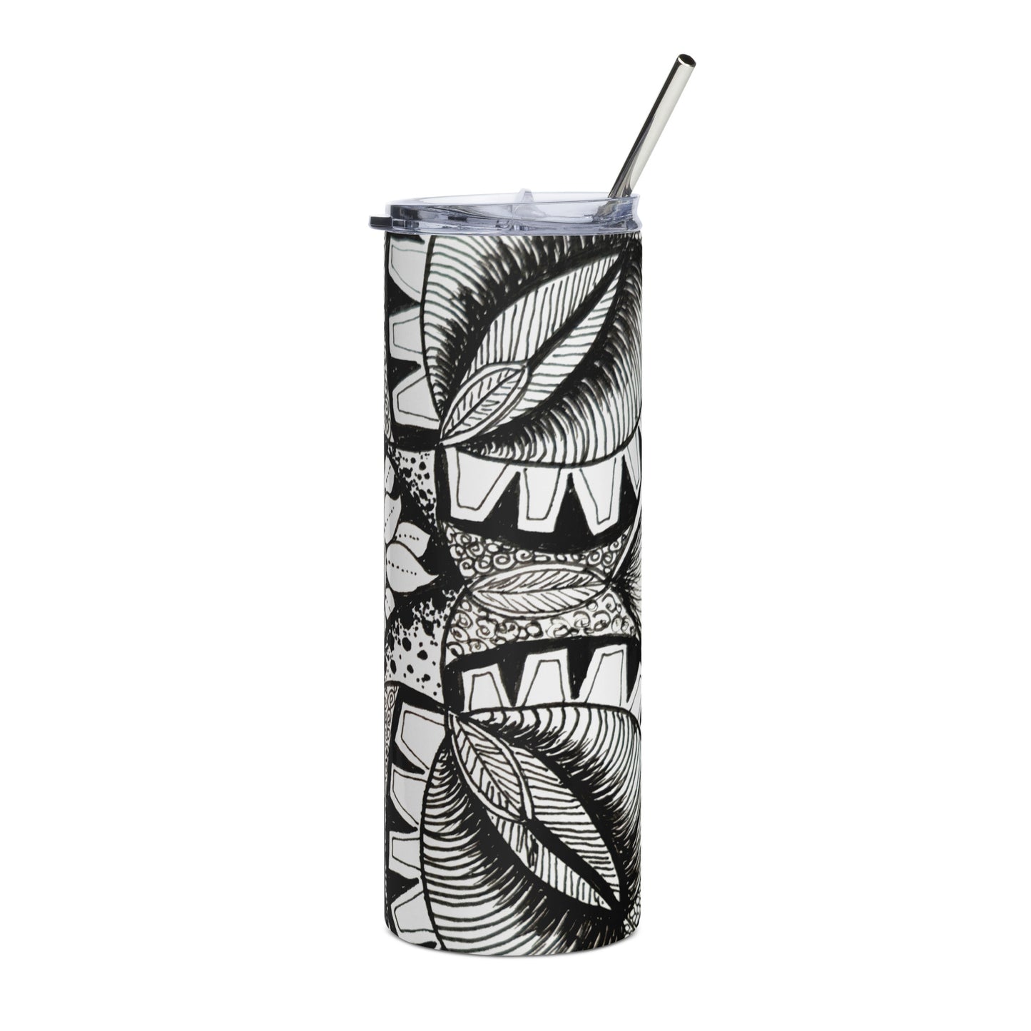 Stainless Steel Tumbler - Zen-dala, Monochrome Zentangle Floral Artwork, 20 Oz Cup with Straw and Lid