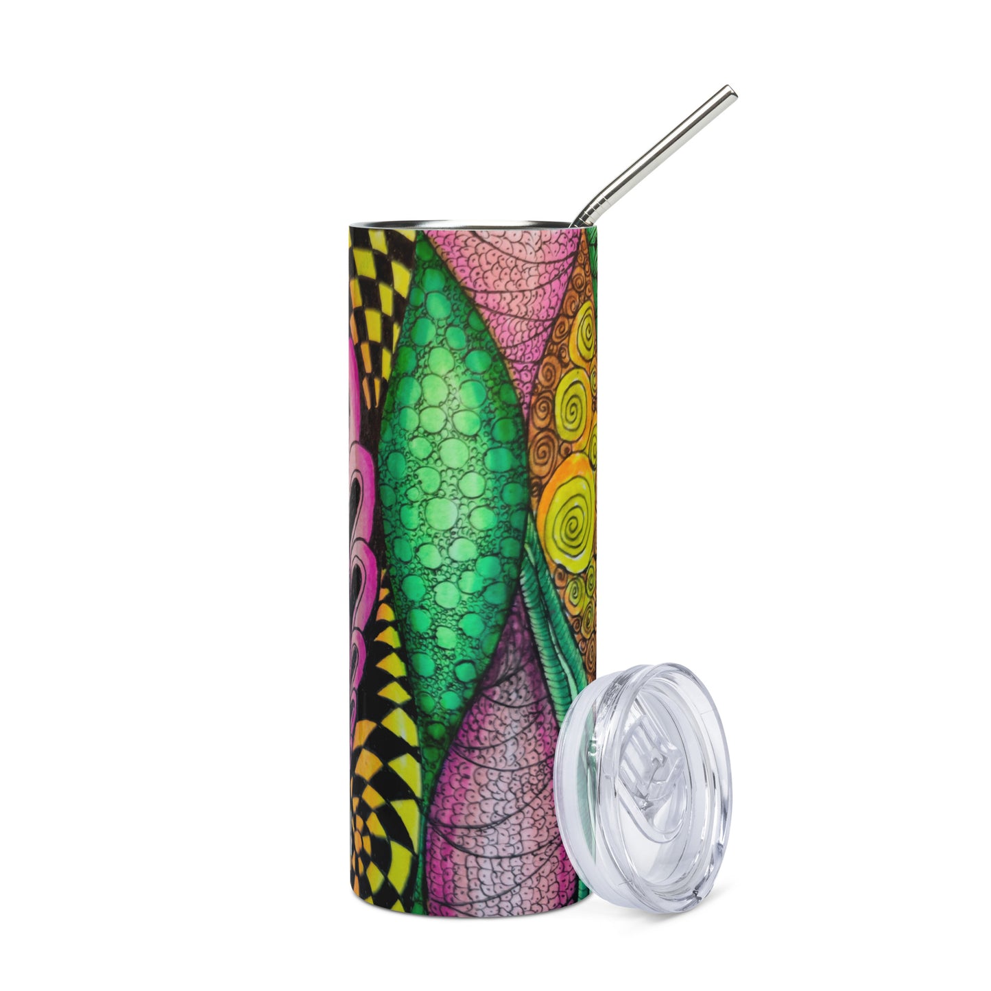 Stainless Steel Tumbler - Zen Bloom - Colorful Zentangle Artwork, 20 Oz Cup with Straw and Lid