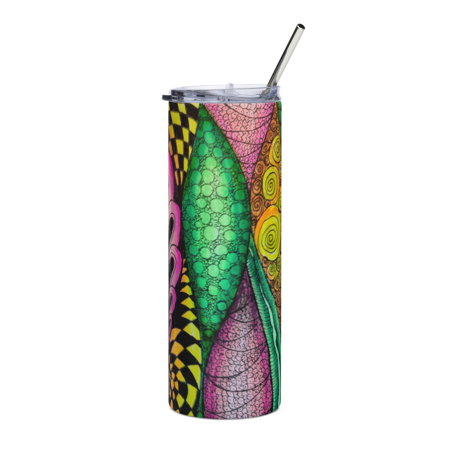 Stainless Steel Tumbler - Zen Bloom - Colorful Zentangle Artwork, 20 Oz Cup with Straw and Lid