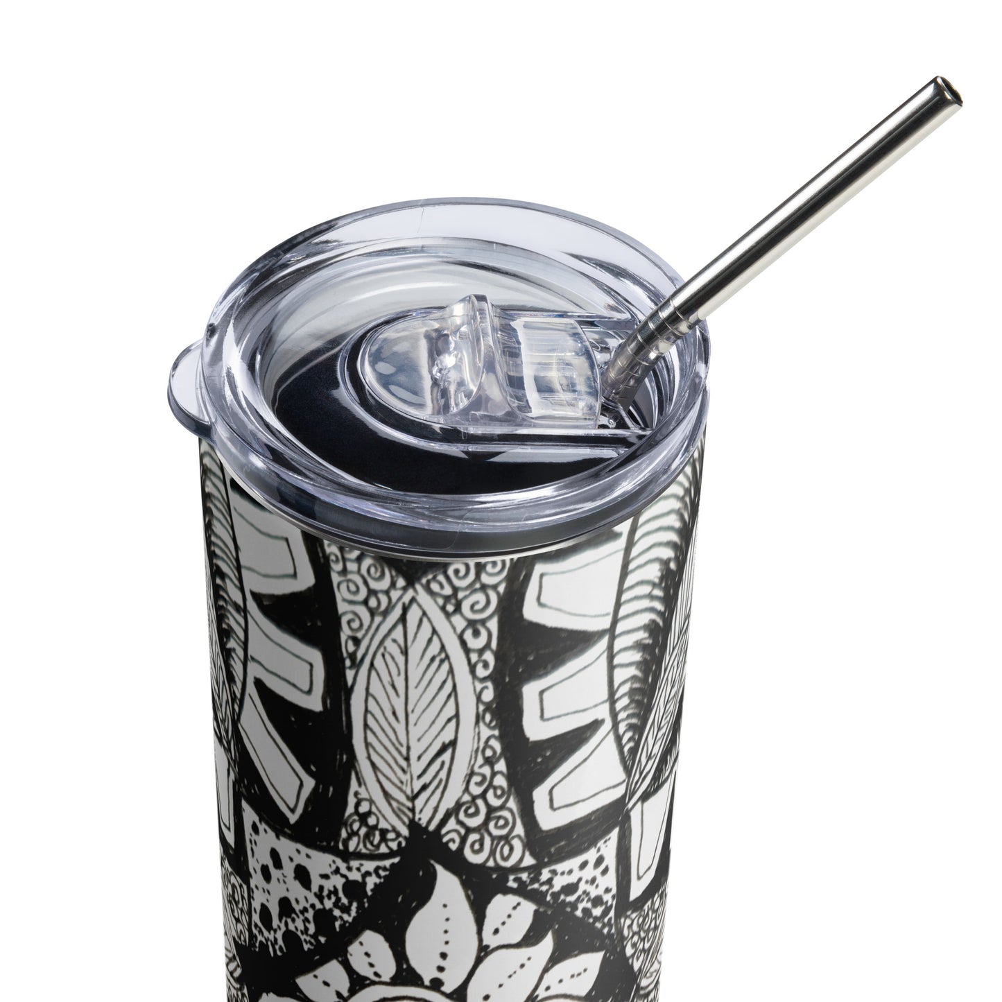 Stainless Steel Tumbler - Zen-dala, Monochrome Zentangle Floral Artwork, 20 Oz Cup with Straw and Lid