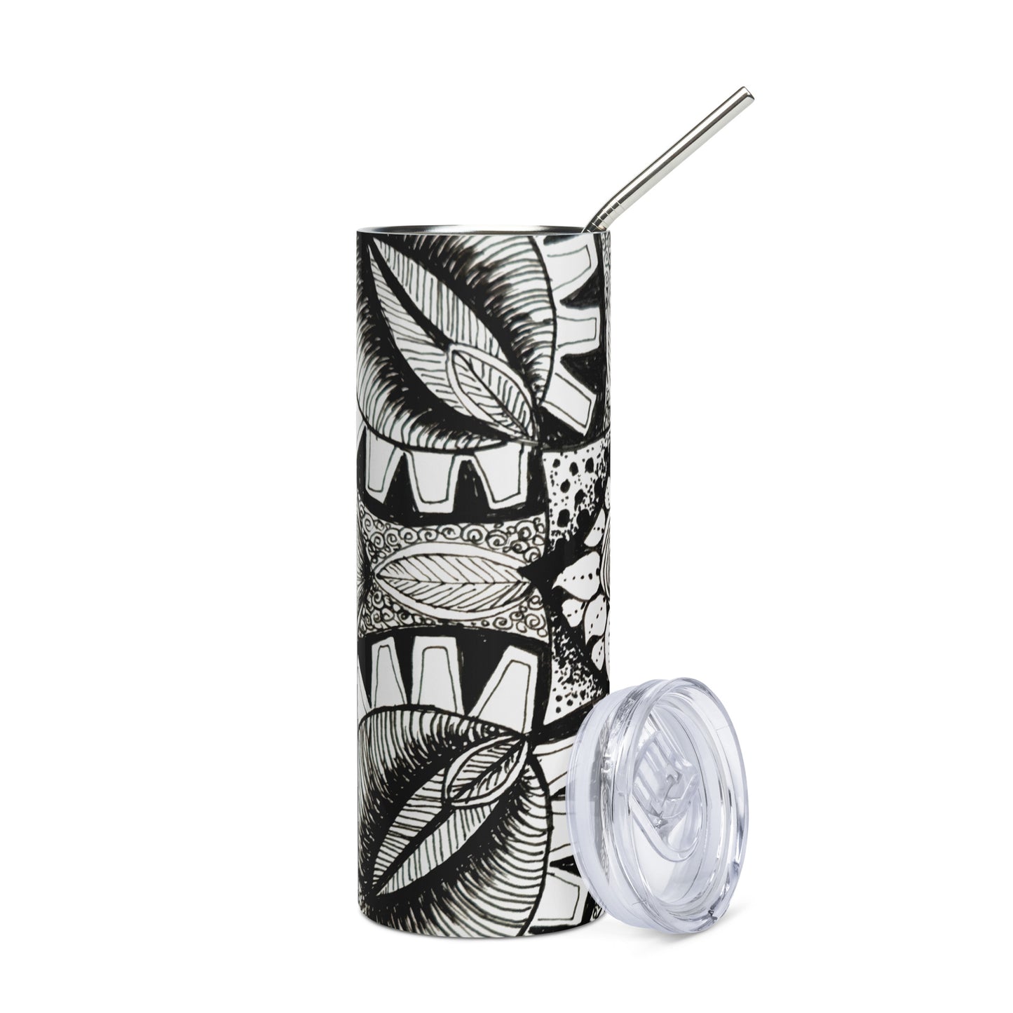 Stainless Steel Tumbler - Zen-dala, Monochrome Zentangle Floral Artwork, 20 Oz Cup with Straw and Lid