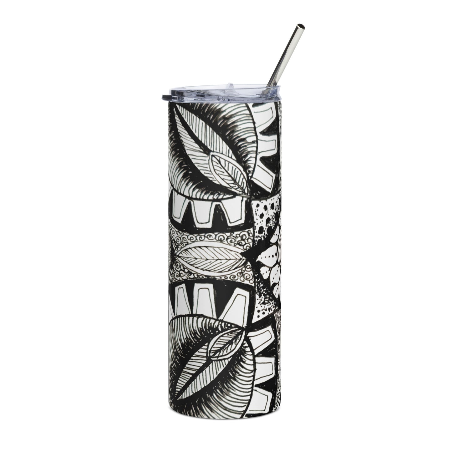 Stainless Steel Tumbler - Zen-dala, Monochrome Zentangle Floral Artwork, 20 Oz Cup with Straw and Lid