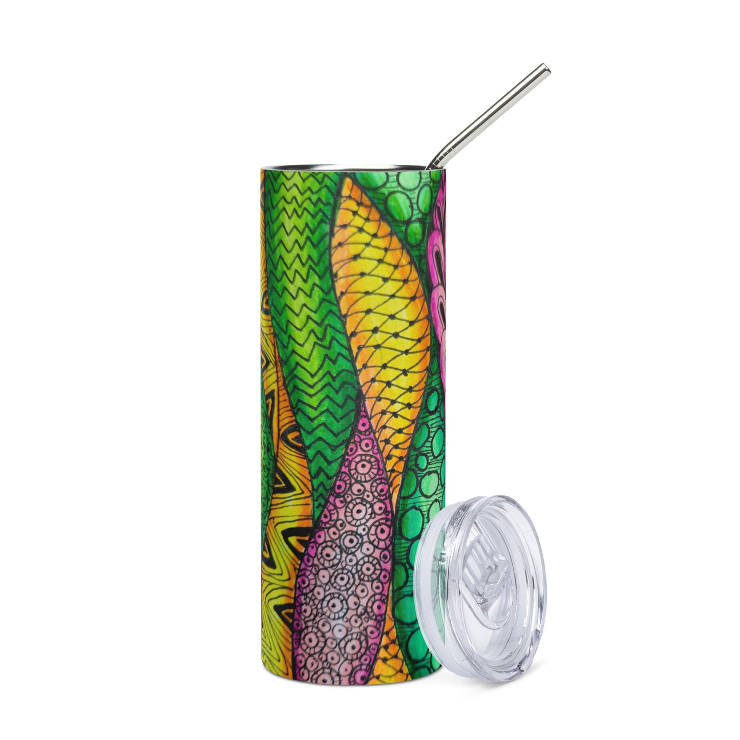 Stainless Steel Tumbler - Zen Bloom - Colorful Zentangle Artwork, 20 Oz Cup with Straw and Lid