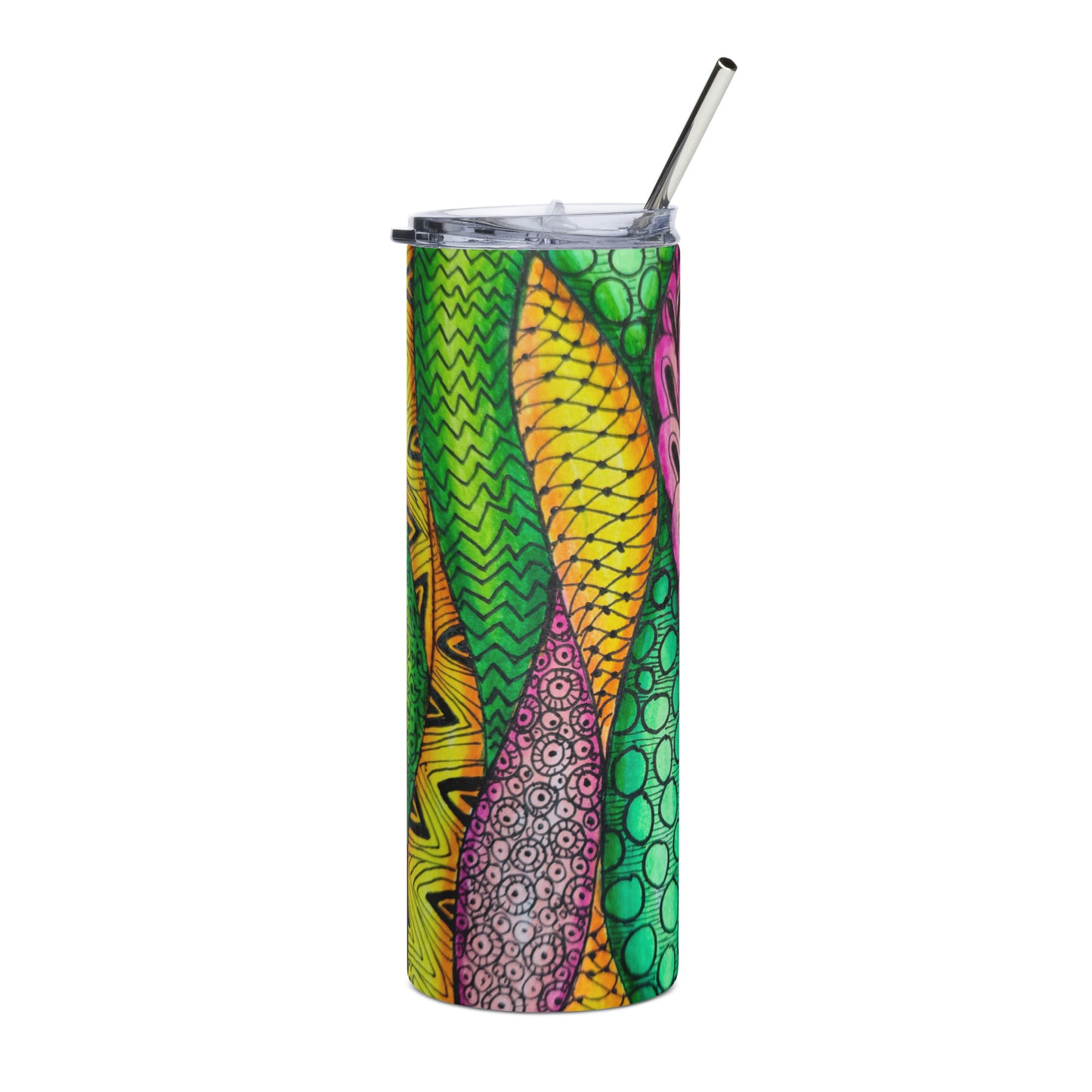 Stainless Steel Tumbler - Zen Bloom - Colorful Zentangle Artwork, 20 Oz Cup with Straw and Lid