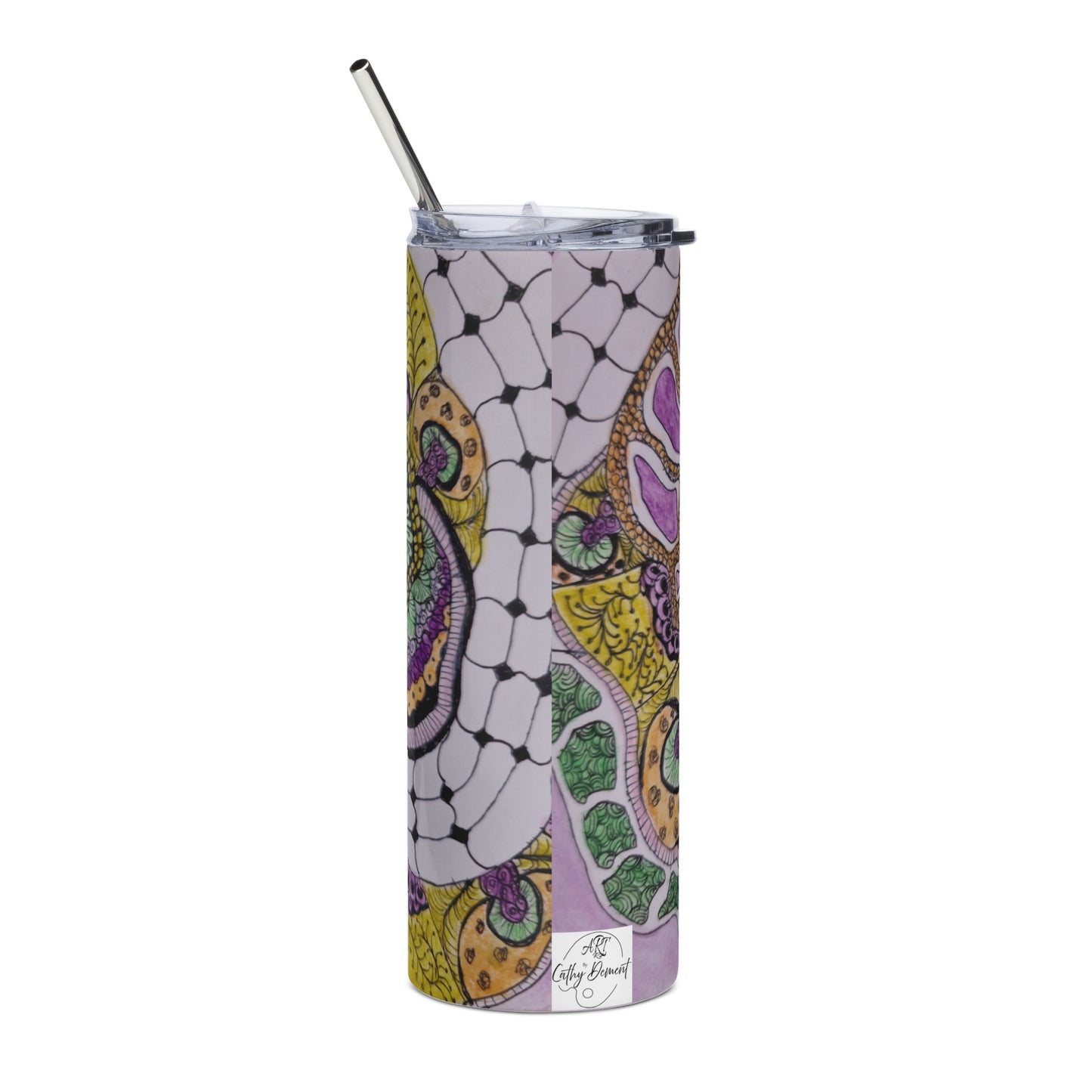 Stainless Steel Tumbler - Zen Floral Bliss - Colorful Zentangle Artwork Design 20 ounce  with Lid and Straw