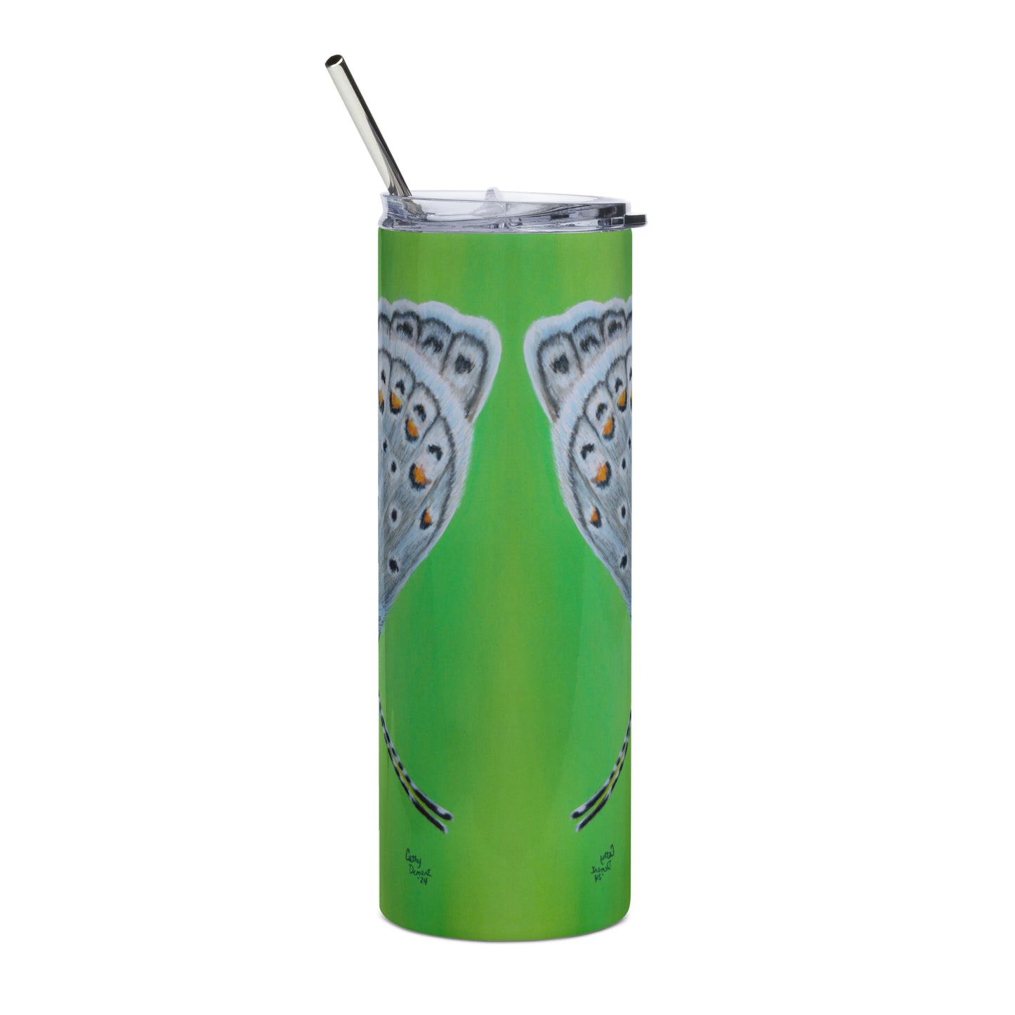 Stainless Steel Tumbler - Gossamer Blue, Karner Blue Butterfly Artwork, 20 Oz Cup with Straw and Lid