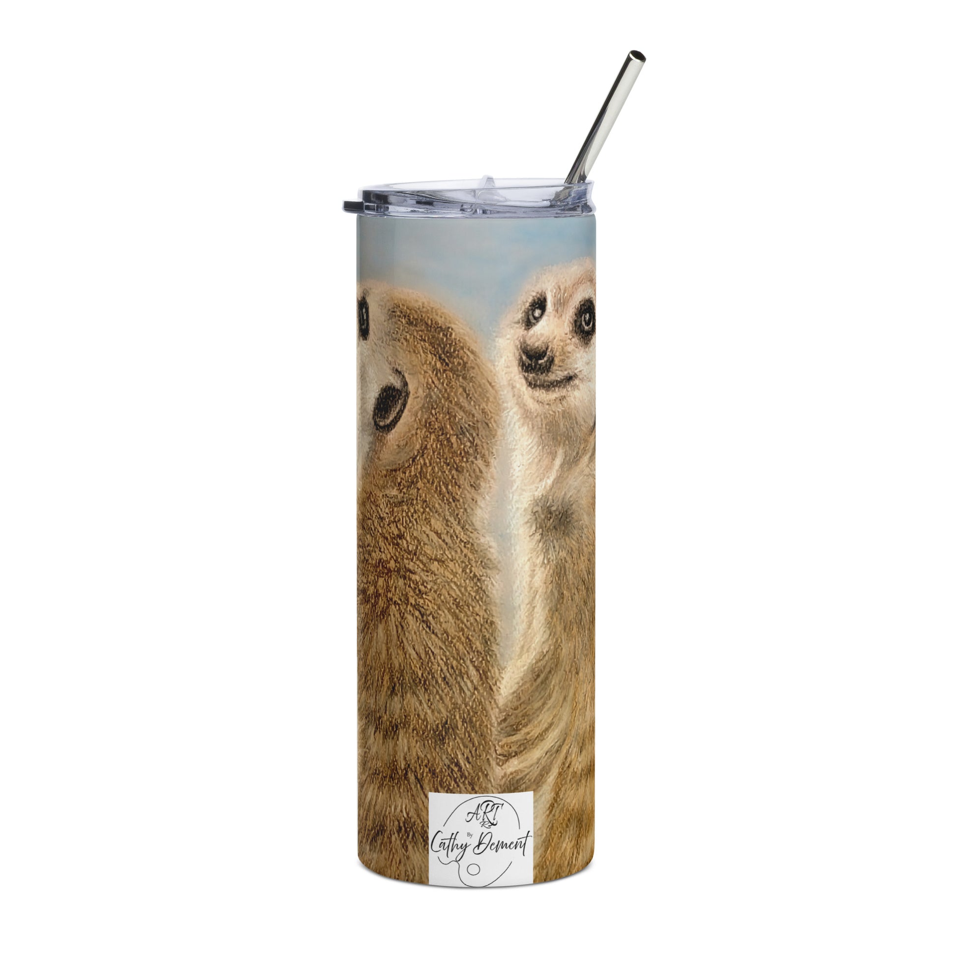 Curious Guardians: Meerkat Duo in Vigilance Design on Stainless steel tumbler with lid and metal straw